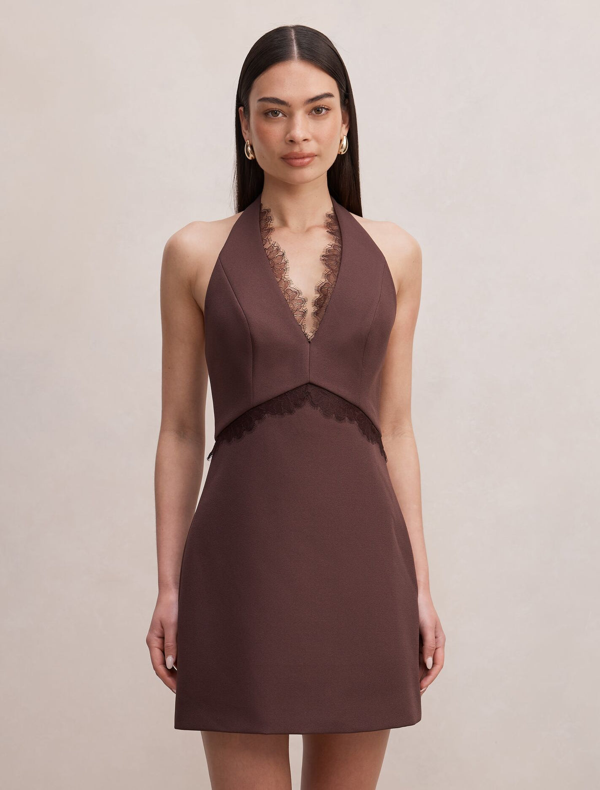 Kobi Lace Halter Mini Dress Dark Chocolate Forever New