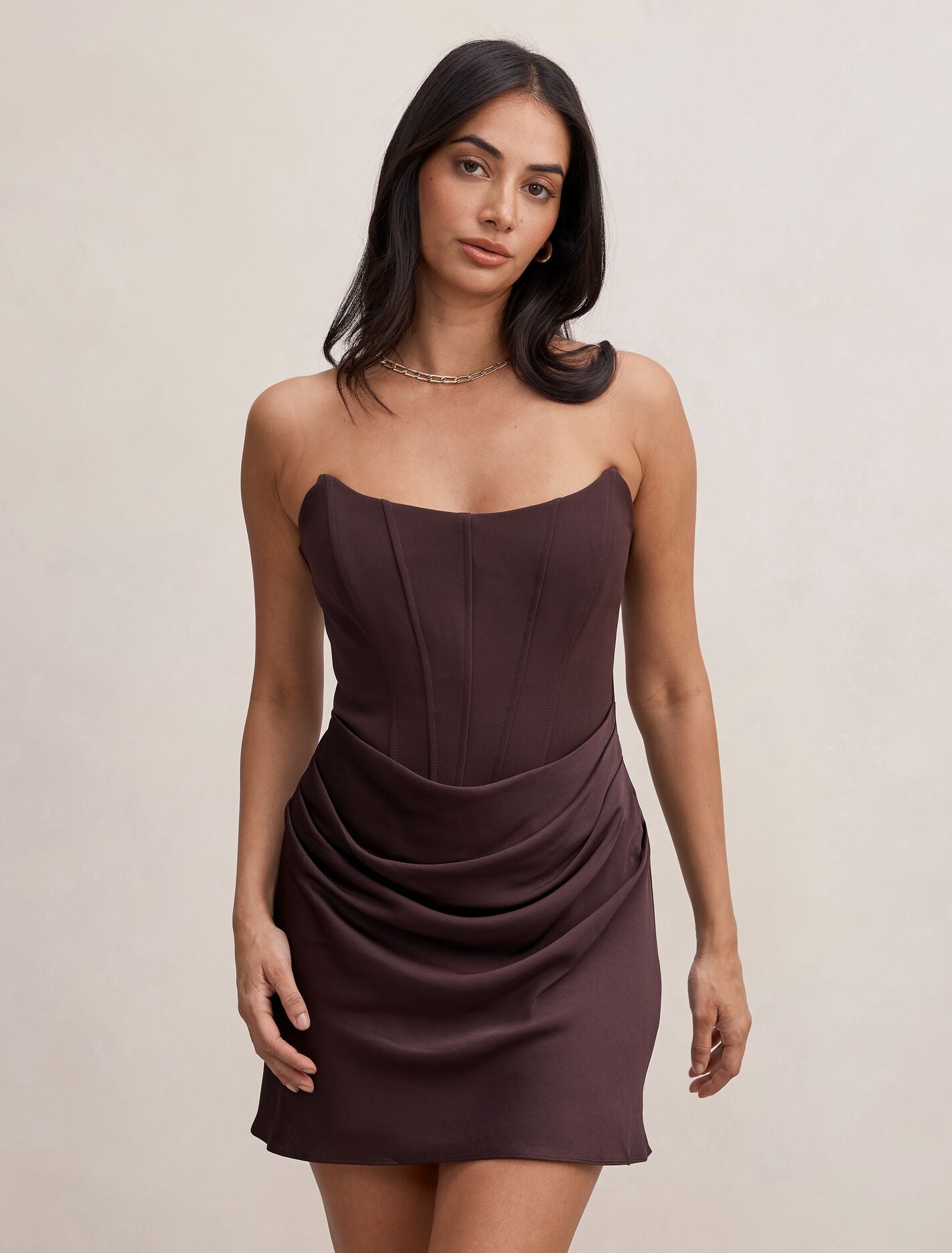 Isra Drape Strapless Mini Dress Dark Chocolate Forever New