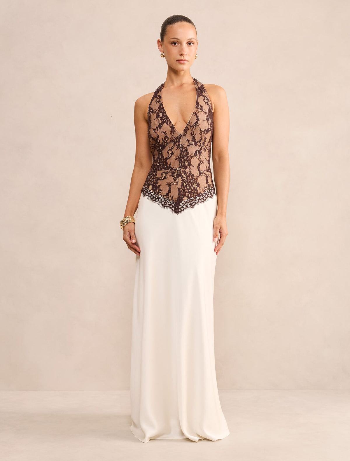 Mandi Petite Lace Halter Neck Dress Ivory Chocolate Forever New