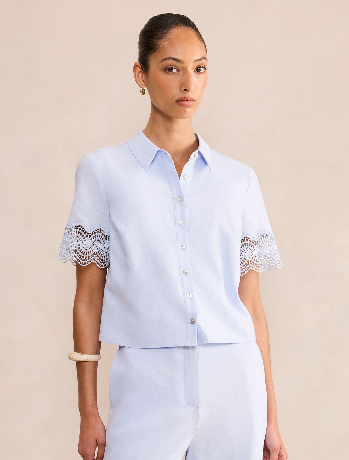 Freya Lace Trim Linen Shirt Soft Blue Co-Ord Forever New