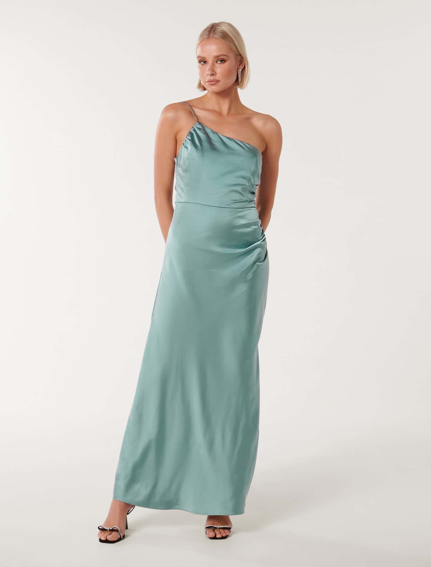strapless open back dress Fitted One Shoulder Satin Slit Gown by Ladivine B8401 main image 1