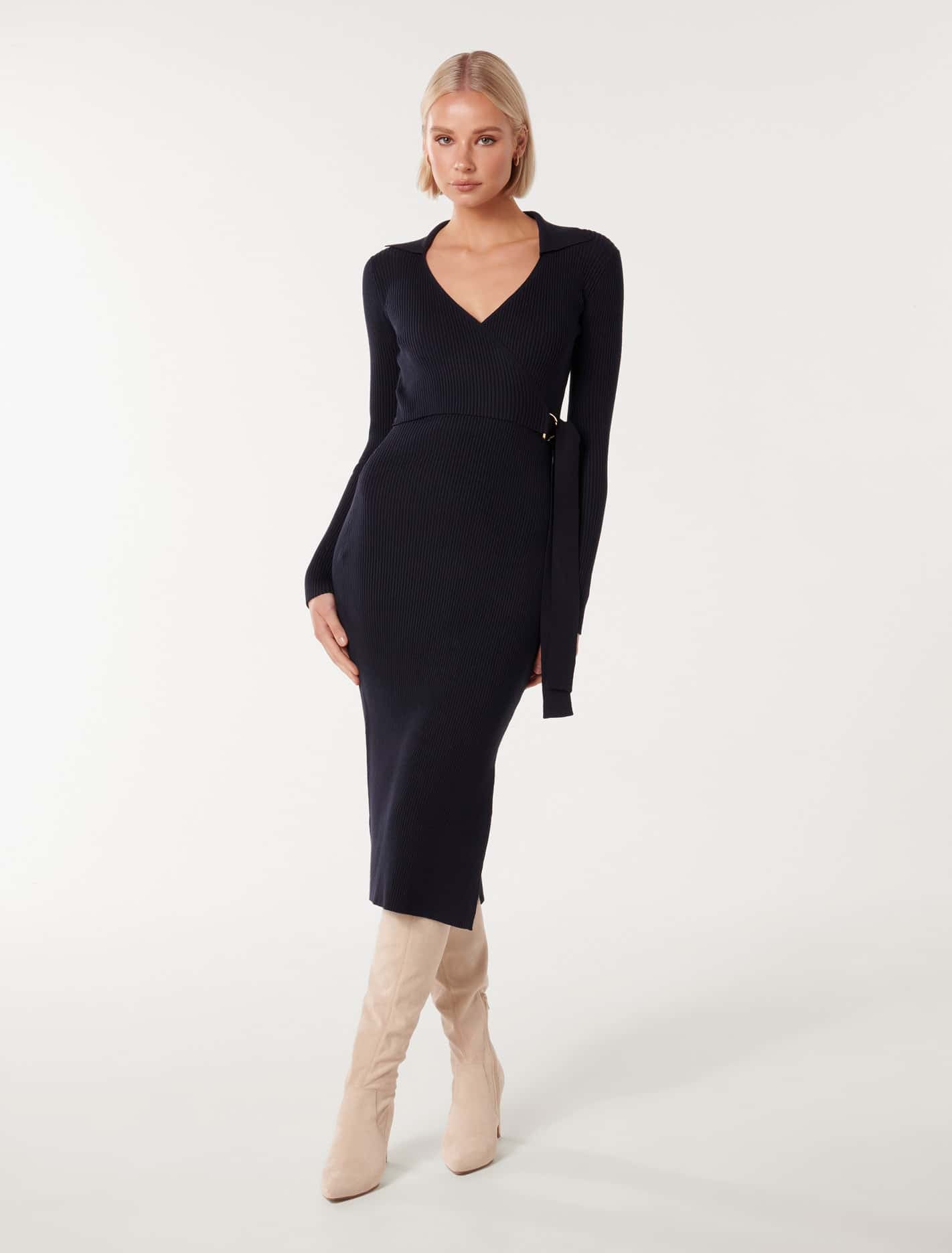 Liv Collar Wrap Midi Knit Dress Forever New