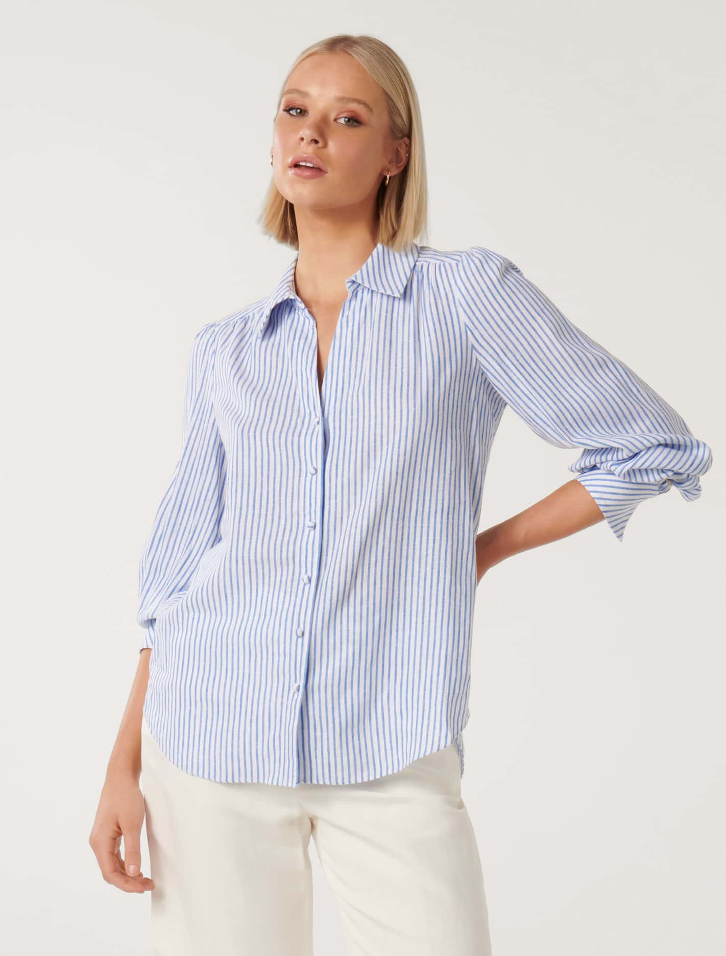 Petite Women's Woven Linen Blue Stripe Sleeveless Top