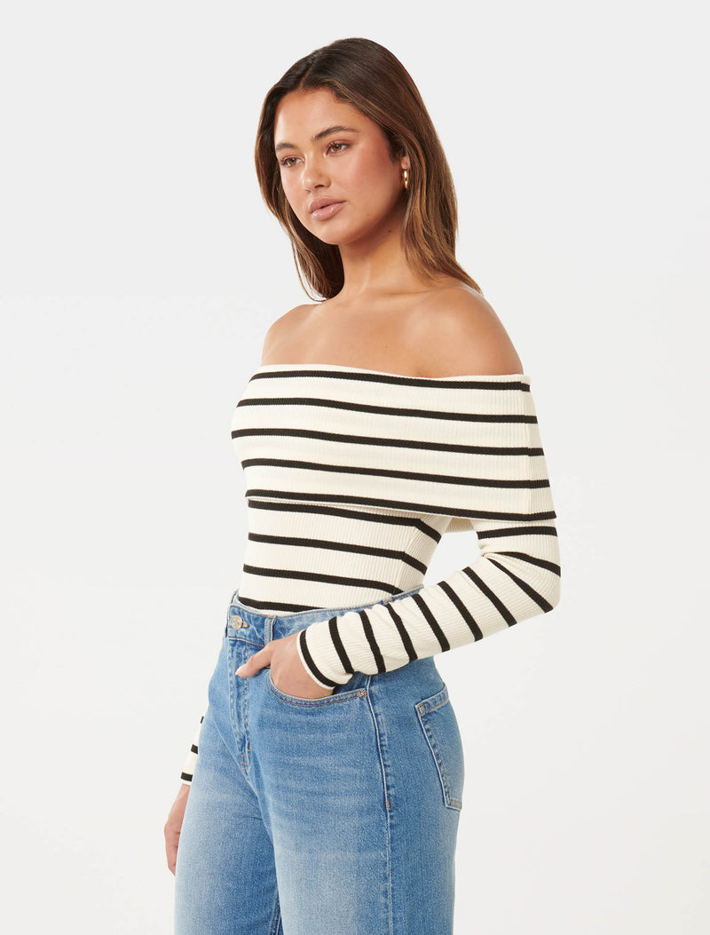 Louise Ribbed Long Sleeve Bardot Top Forever New