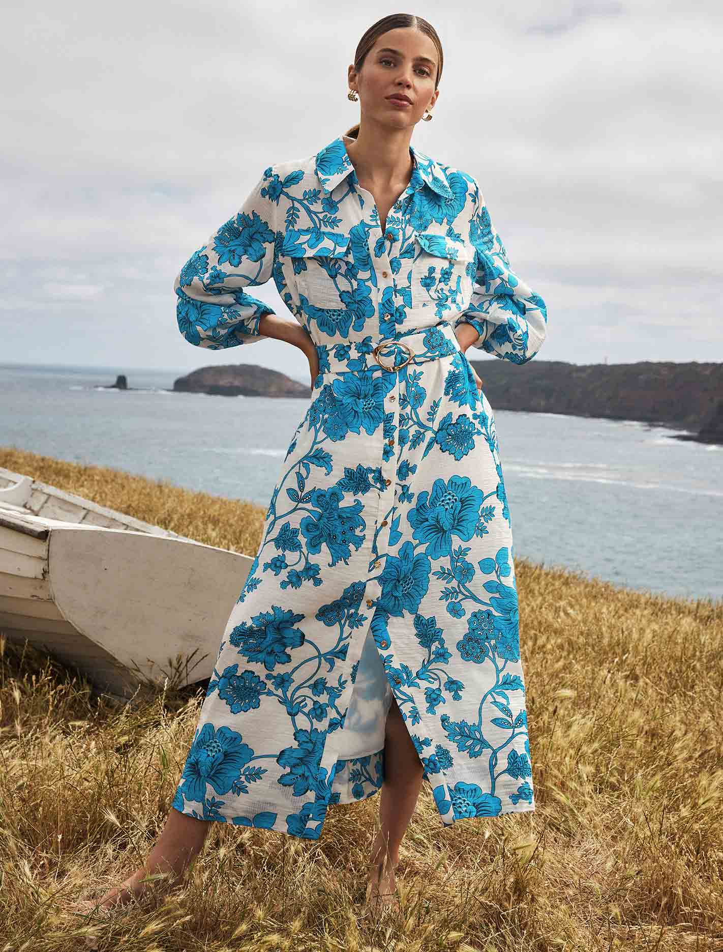 Janie Printed Shirt Midi Dress Large Blue Chintz Forever New