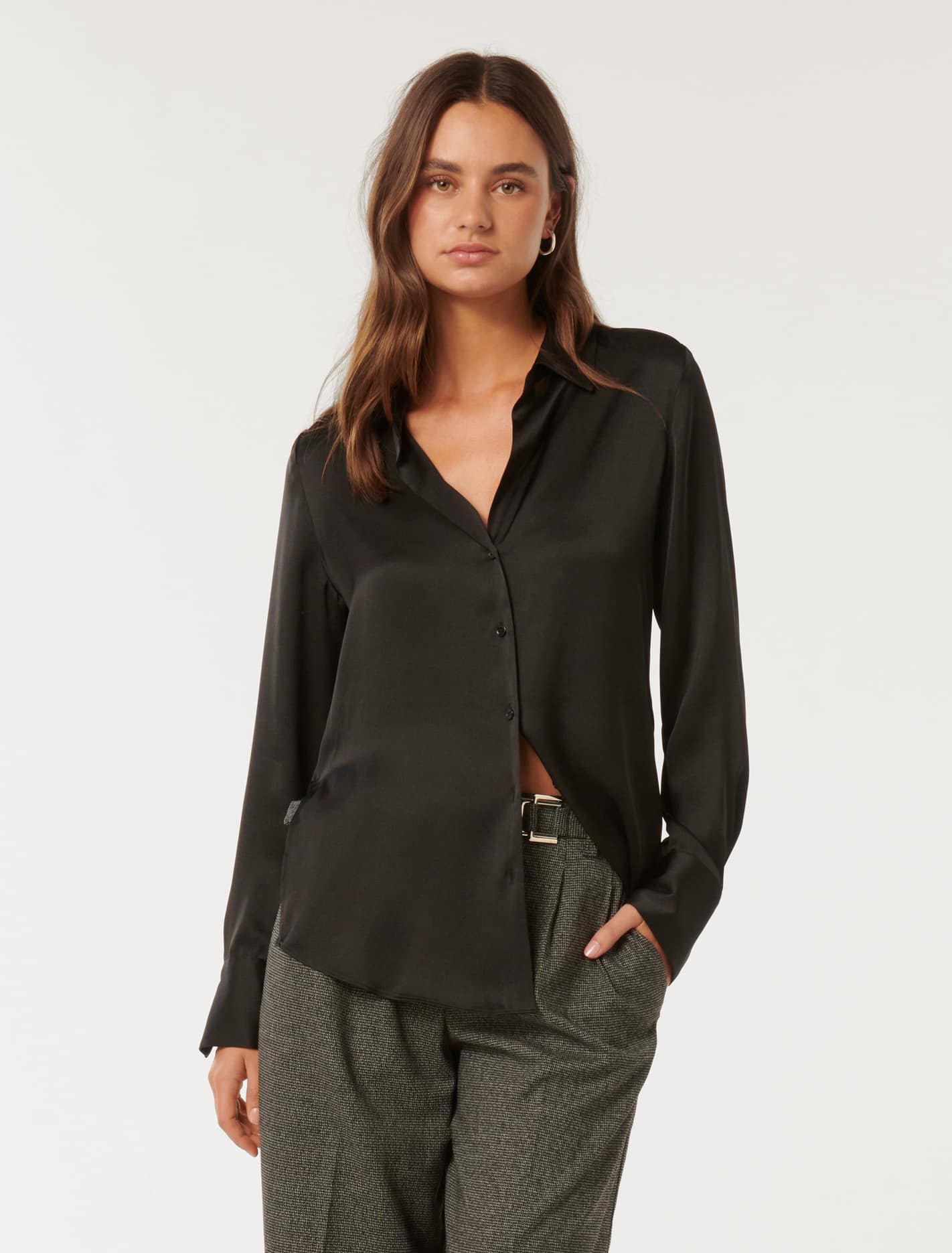 Harvey Notched Neck Satin Shirt Black Forever New