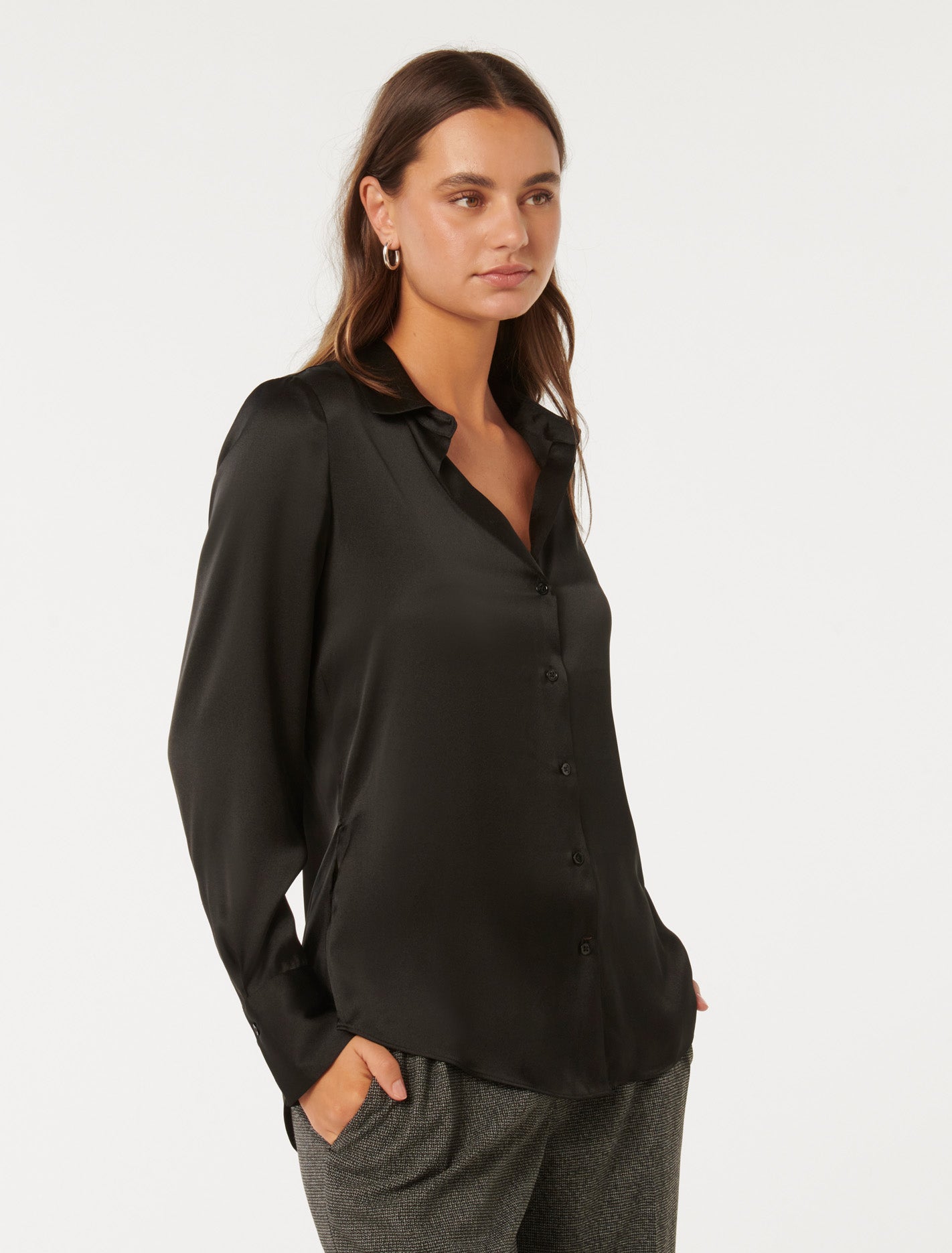 Harvey Notched Neck Satin Shirt Forever New