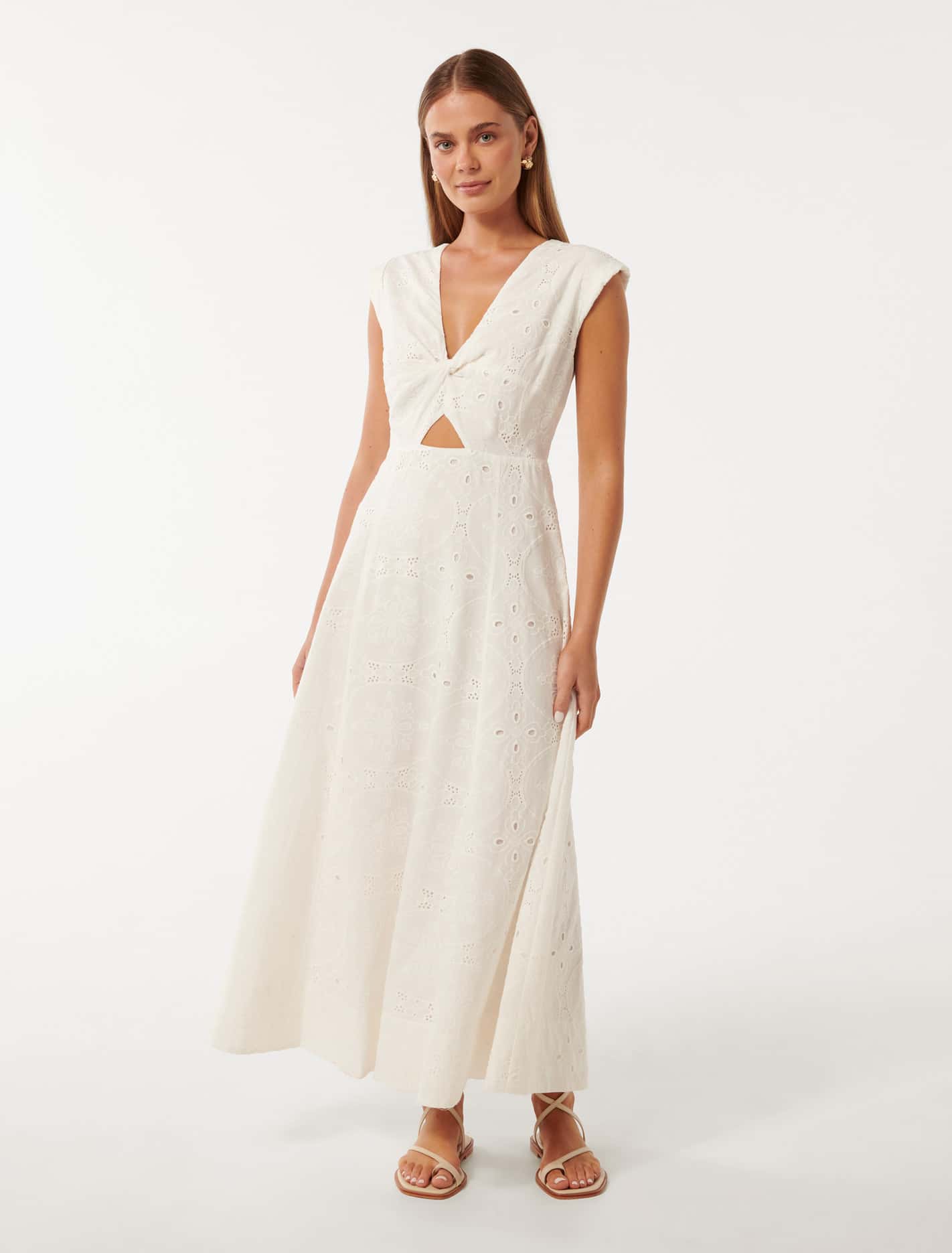 Levi Broderie Twist Front Midi Dress Porcelain Forever New