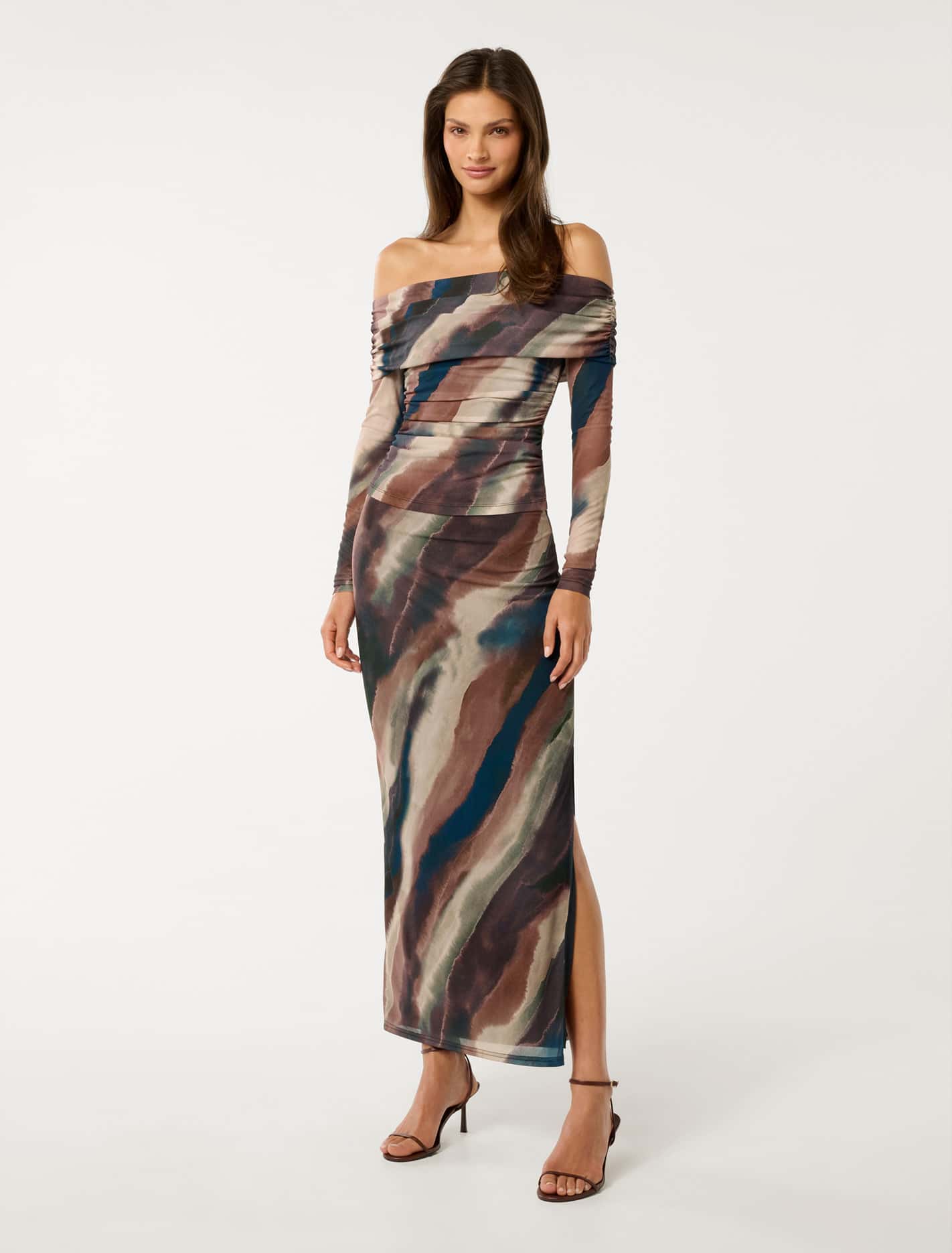 Kaia Ruched Mesh Bardot Top Forever New