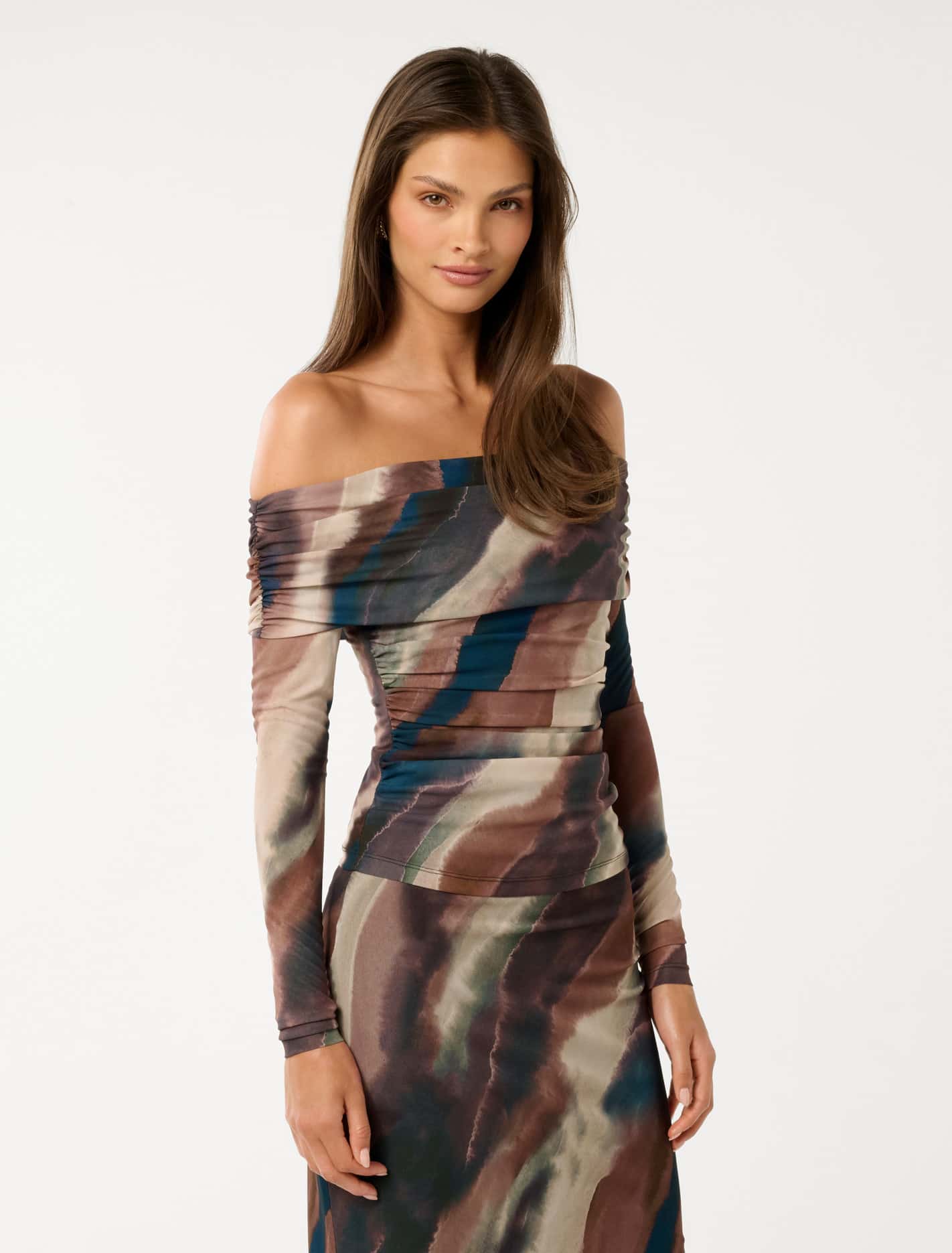 Kaia Ruched Mesh Bardot Top Forever New