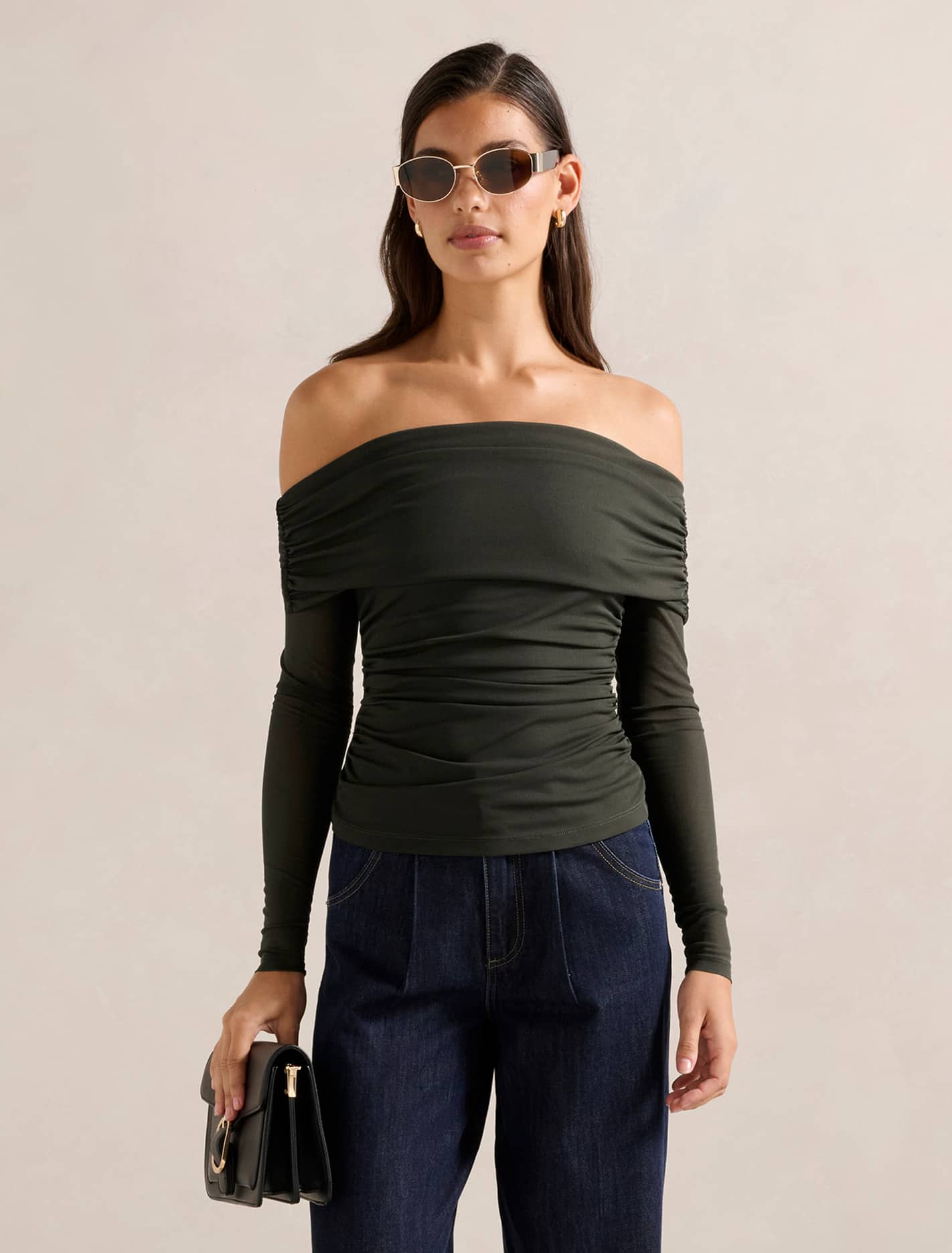 Mesh Bardot Dark Green Bardot Top Kaia Ruched Mesh Bardot Top