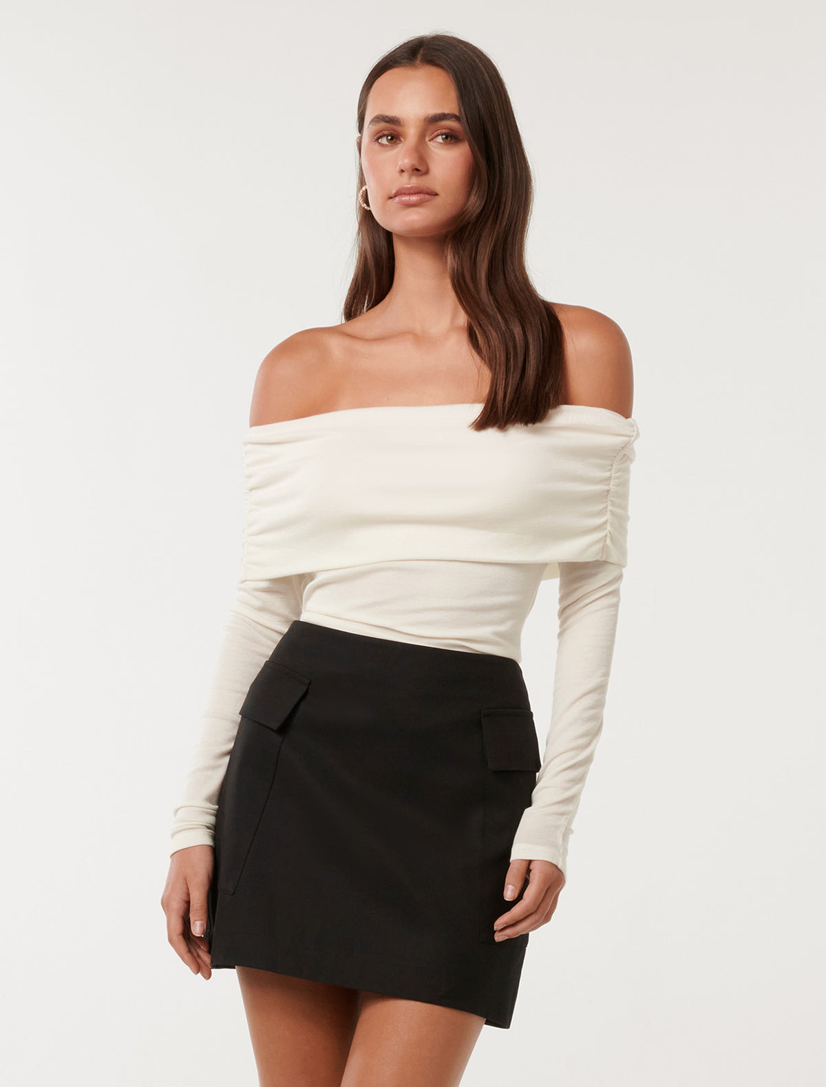 Kyla Long Sleeve Wool Blend Bardot Top Ivory Forever New