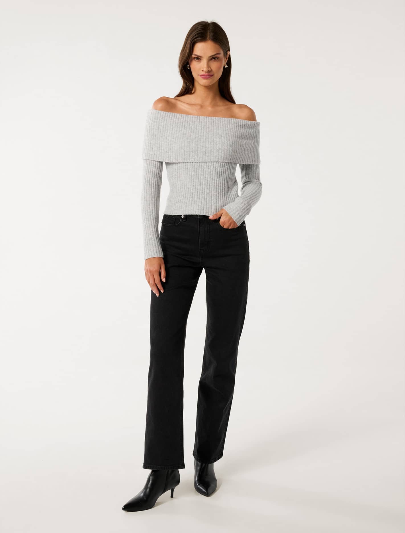 Ashley Ribbed Knit Bardot Sweater Forever New