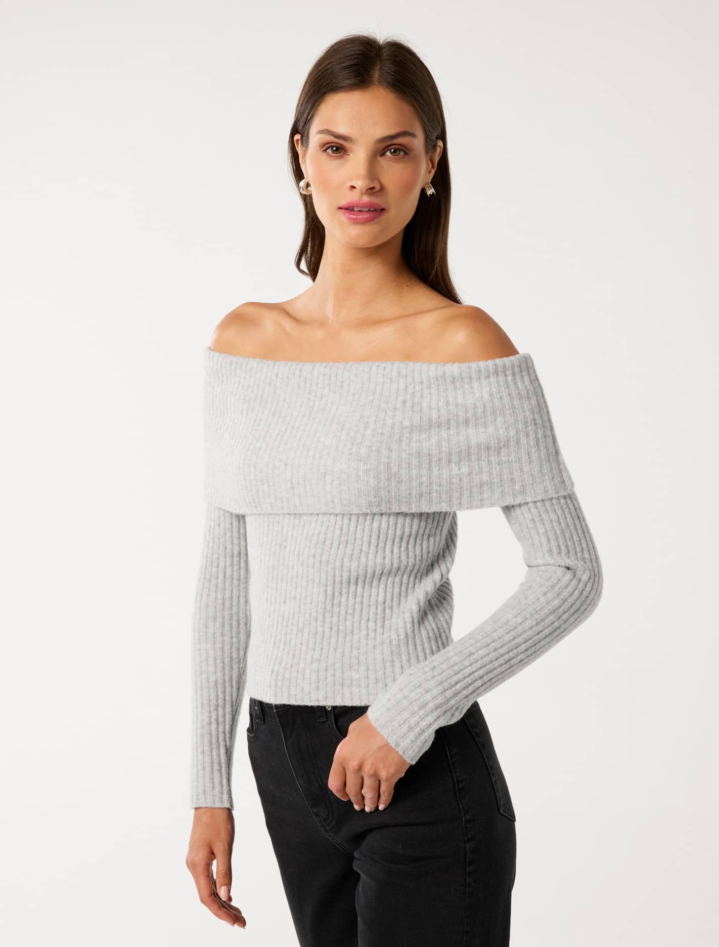 Ashley Ribbed Knit Bardot Sweater Forever New