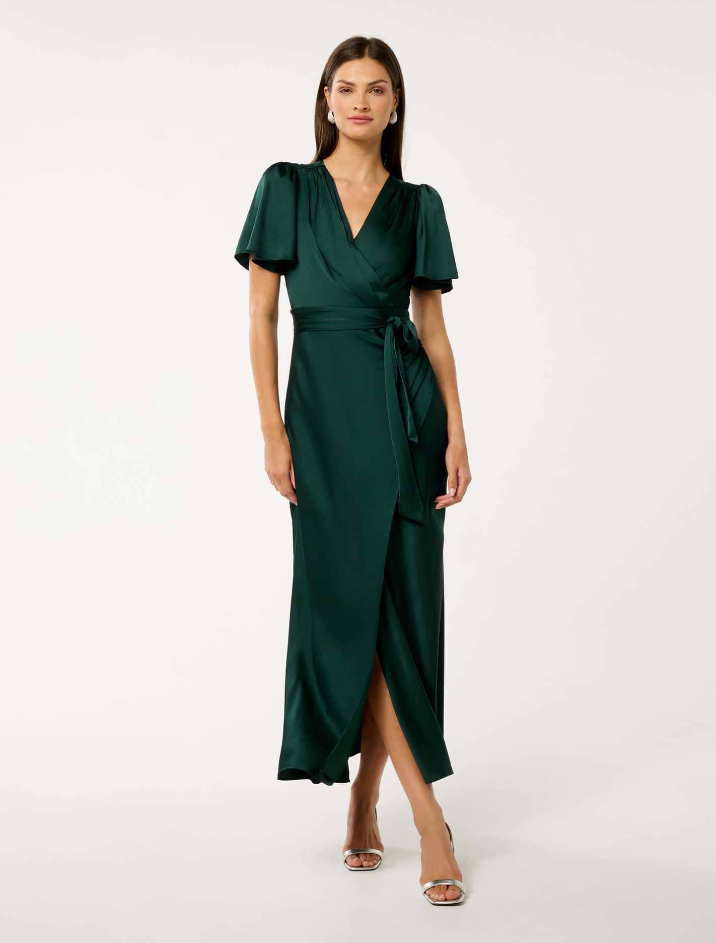 Chelsea Flutter Sleeve Satin Maxi Dress