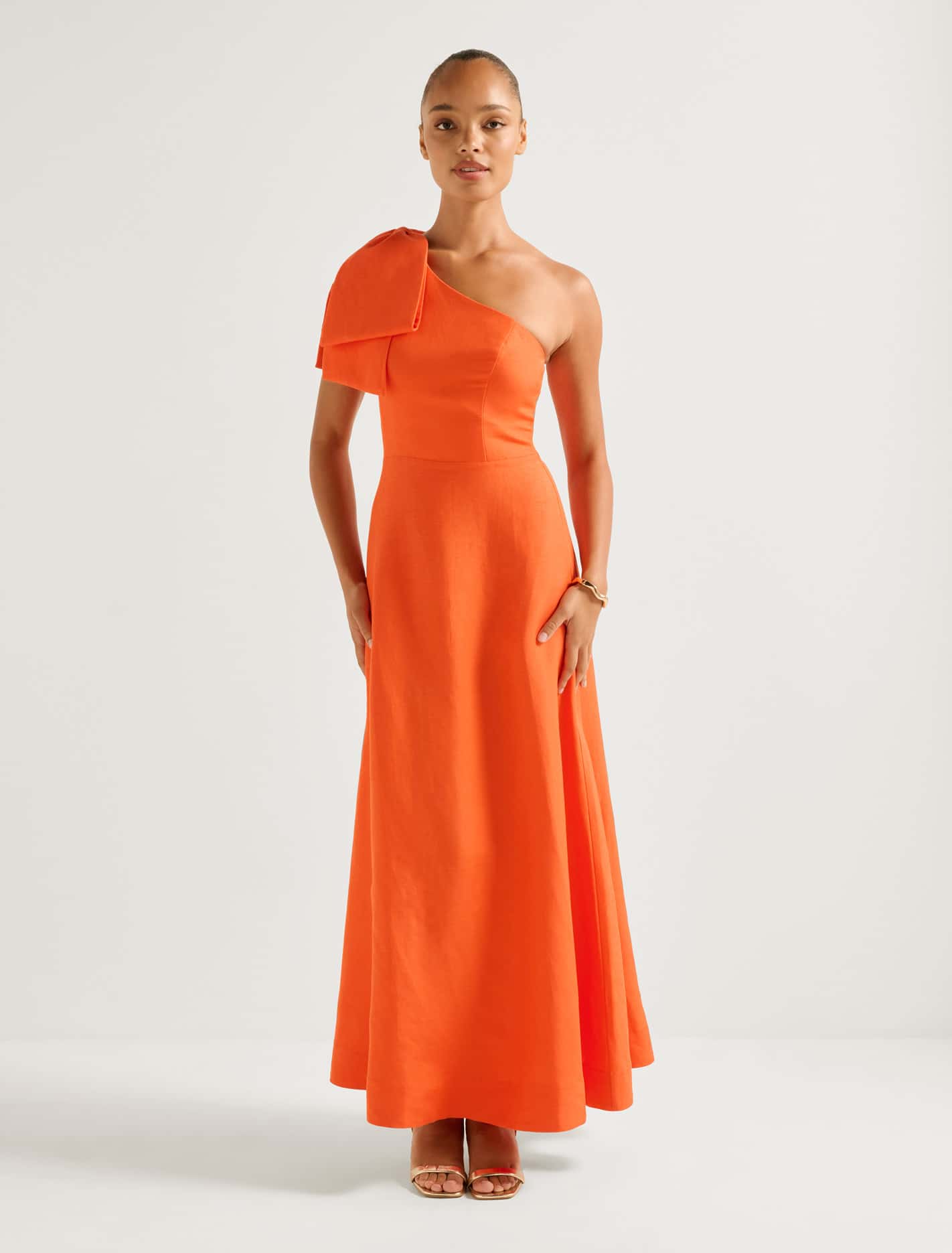 Danni Asym Bow Midi Dress Orange Fire Forever New