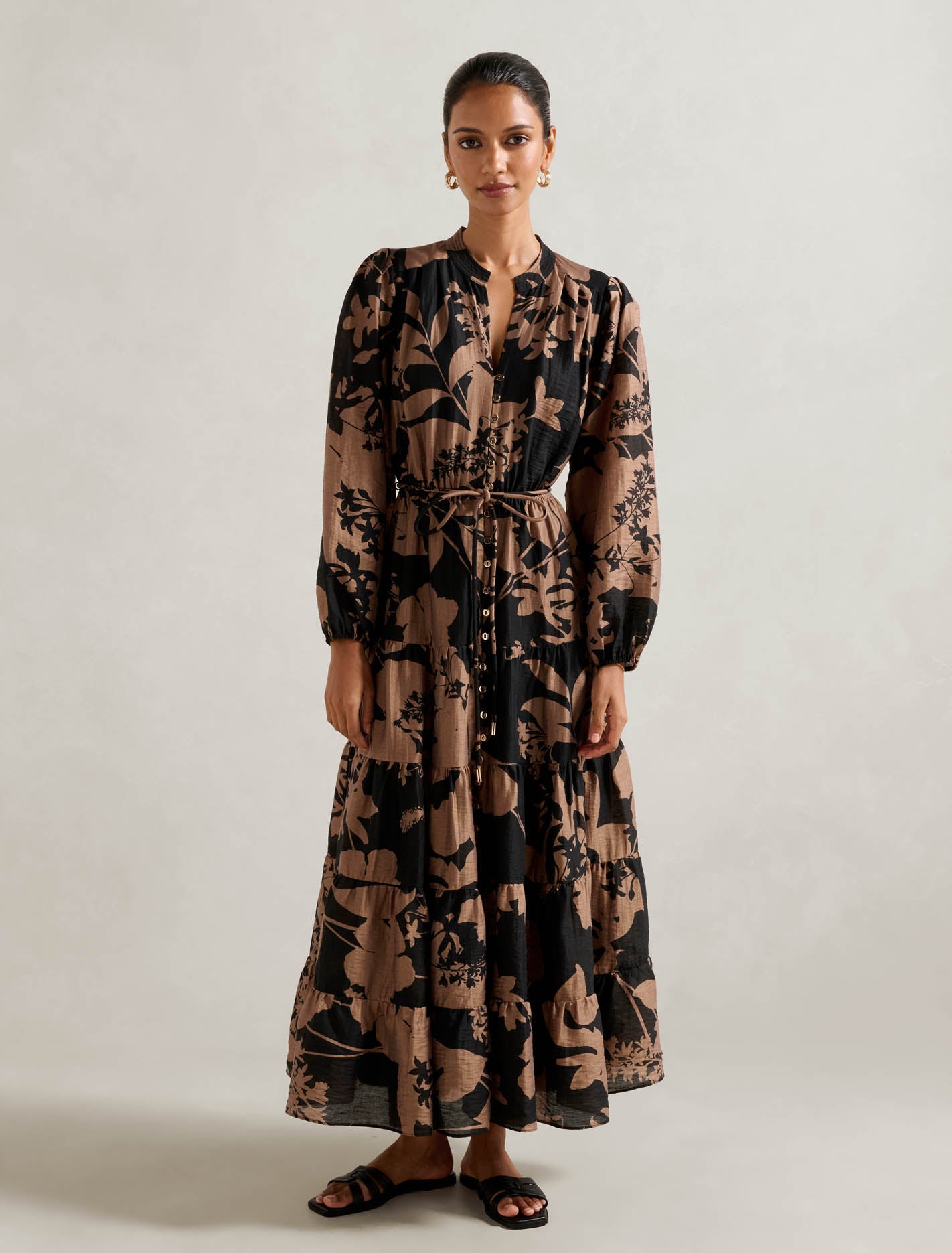 Adeline Petite Tiered Midi Dress Tan Hensley Floral Forever New