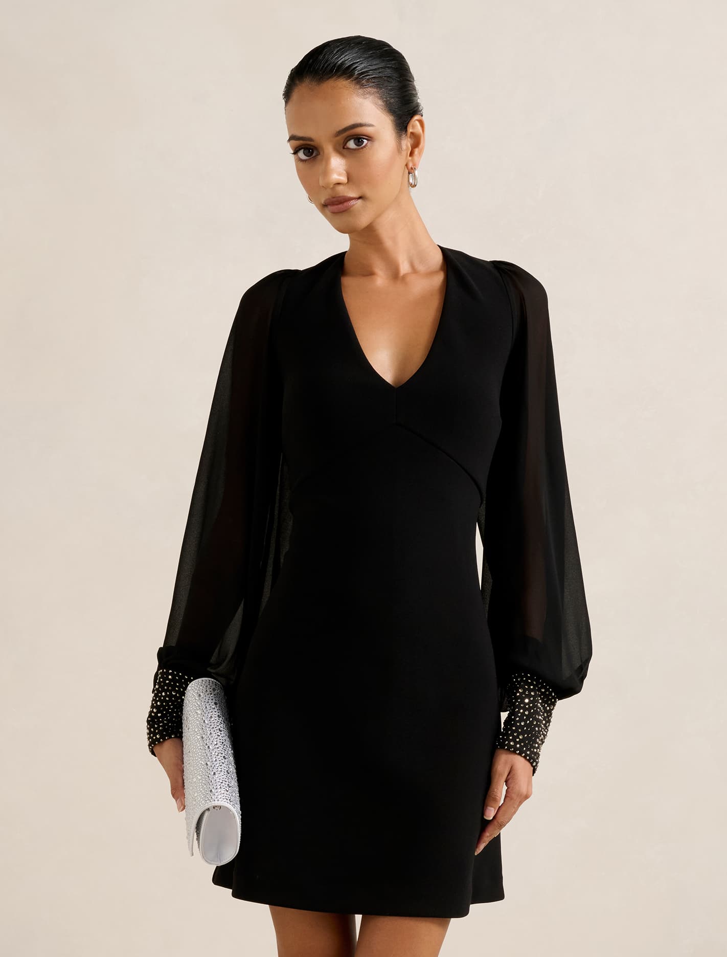 long sleeve short prom dresses A Line V neck Sleeves Black Sparkly Dress Homecoming Dress QH2494 US10 / As Pic Chiffon Swatch Color V4 Derrty Pink Womens Hoodie Color:Photo Fully Lined