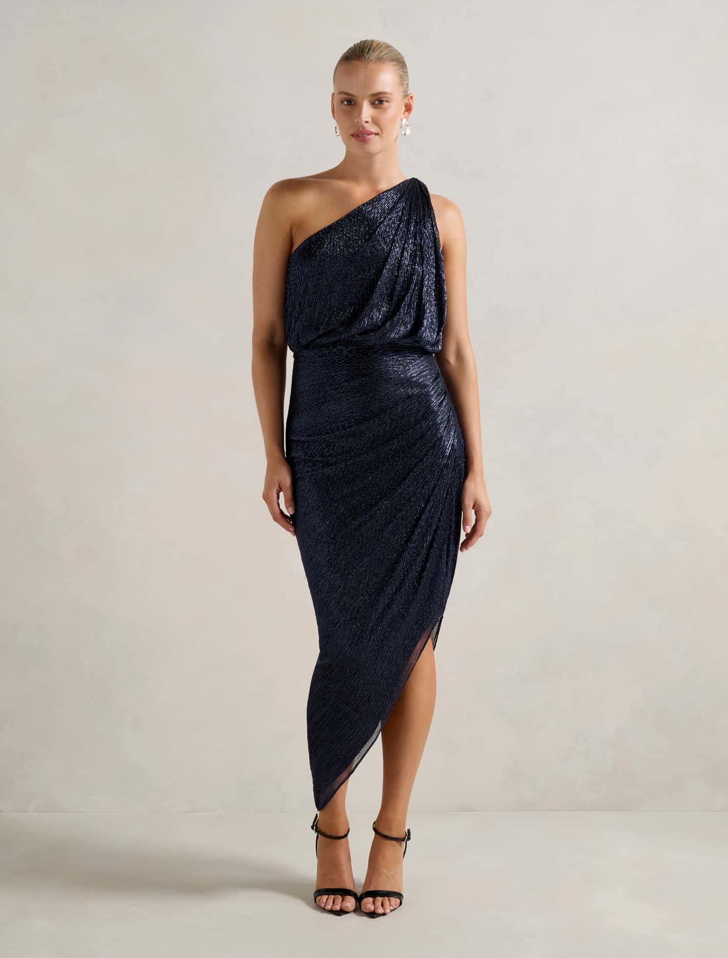 Cassidy One Shoulder Plisse Midi Dress Navy Forever New