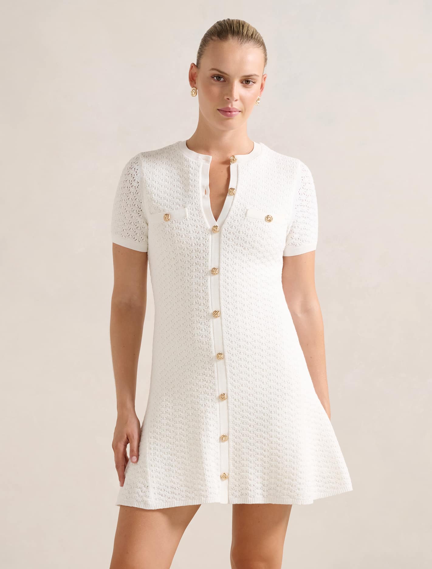 Rosa Stitch Interest Knit Mini Dress Porcelain Forever New
