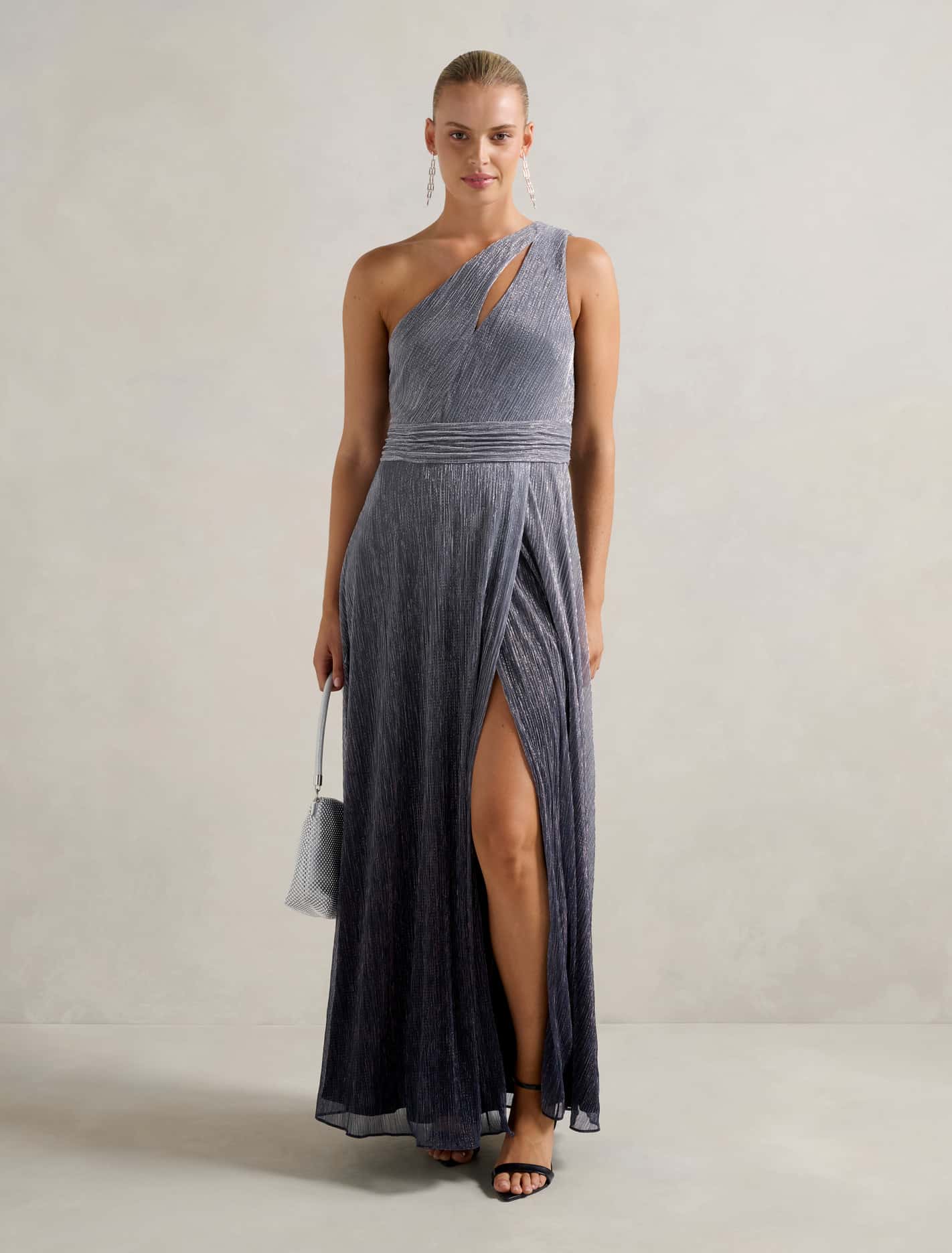 Billie Asymm Plisse Midi Dress Silver Dusk Ombre Forever New