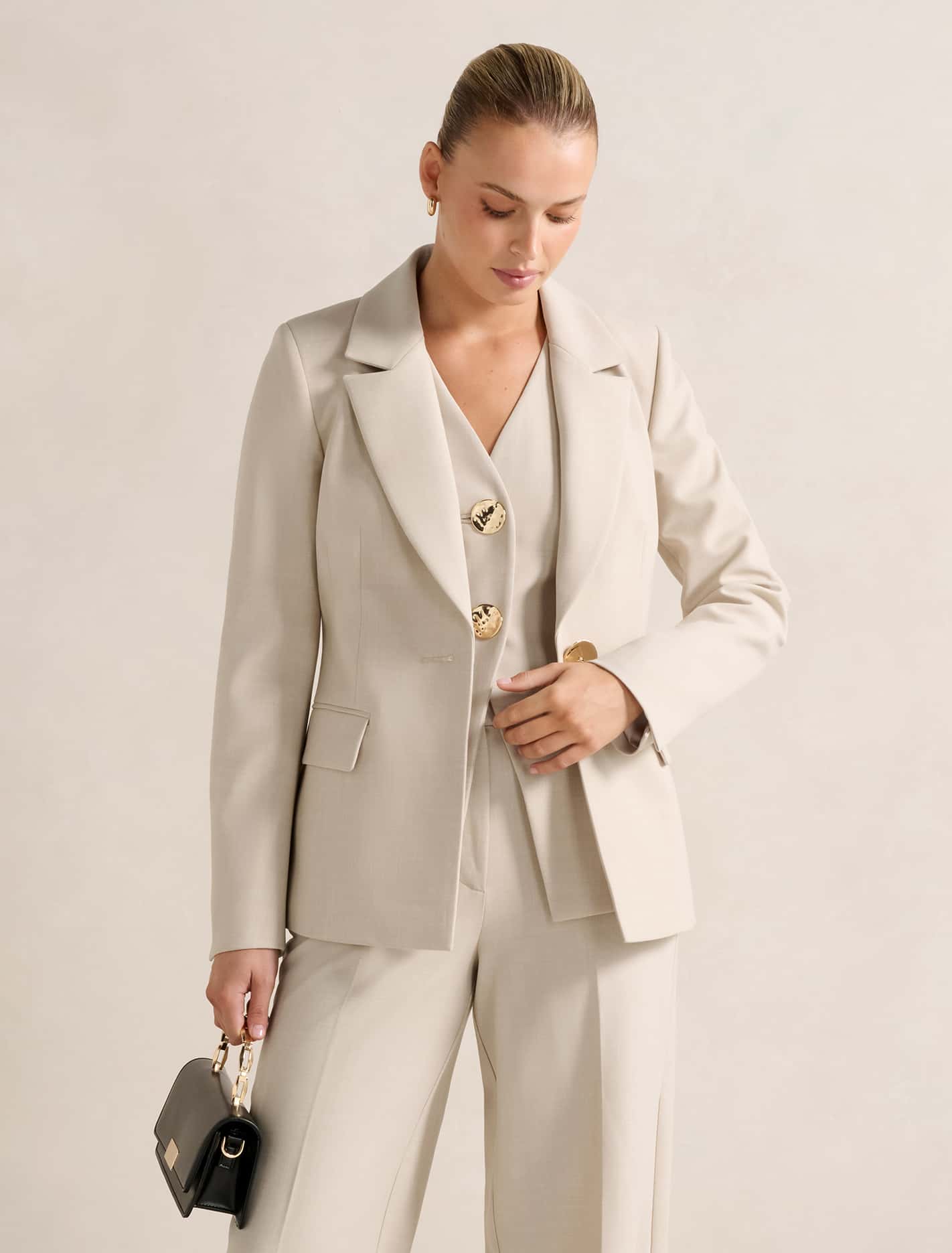 Lulu Gold Button Blazer Milk Marle Suit Forever New