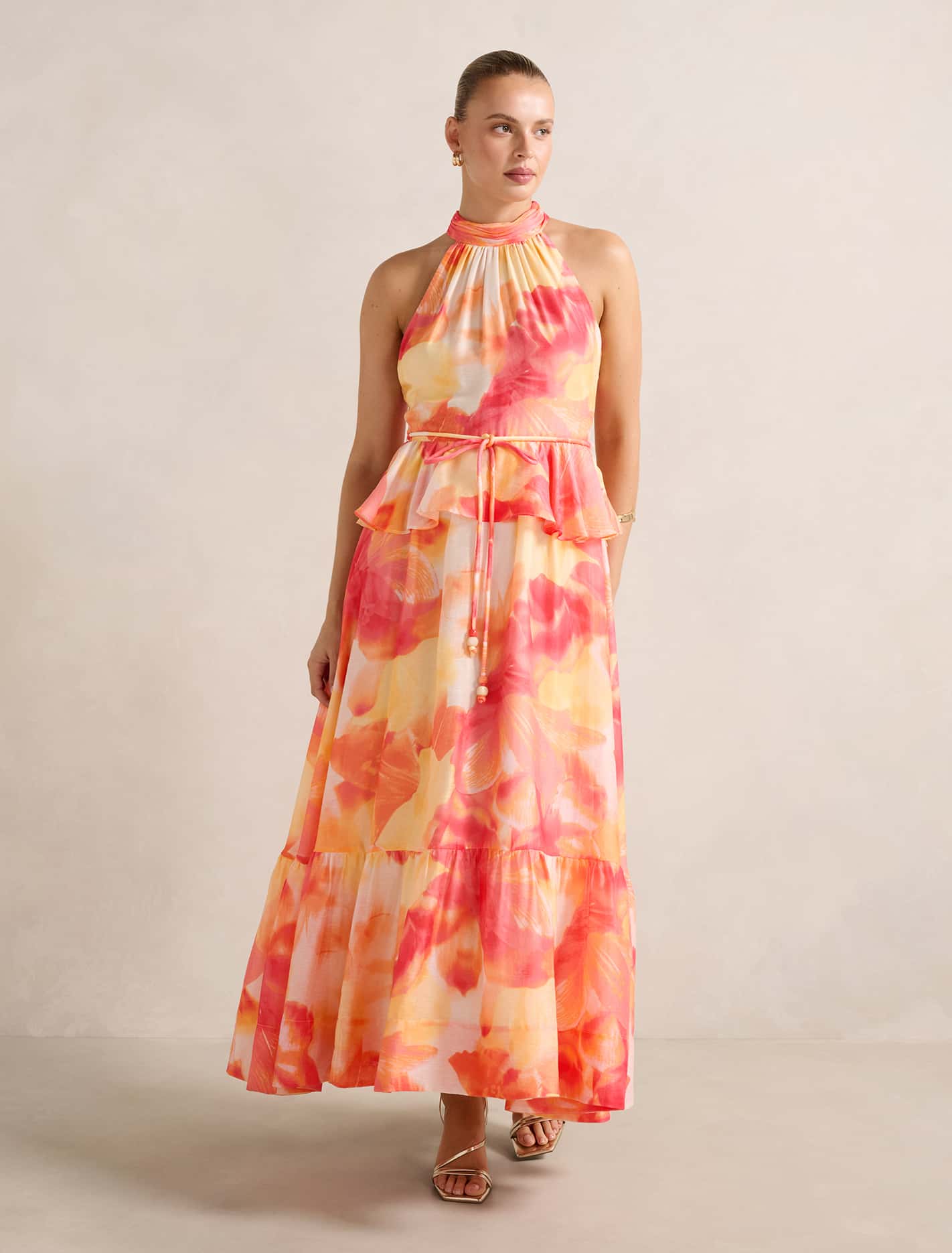 Serena Halter Peplum Maxi Dress Sunset Vida Floral Forever New