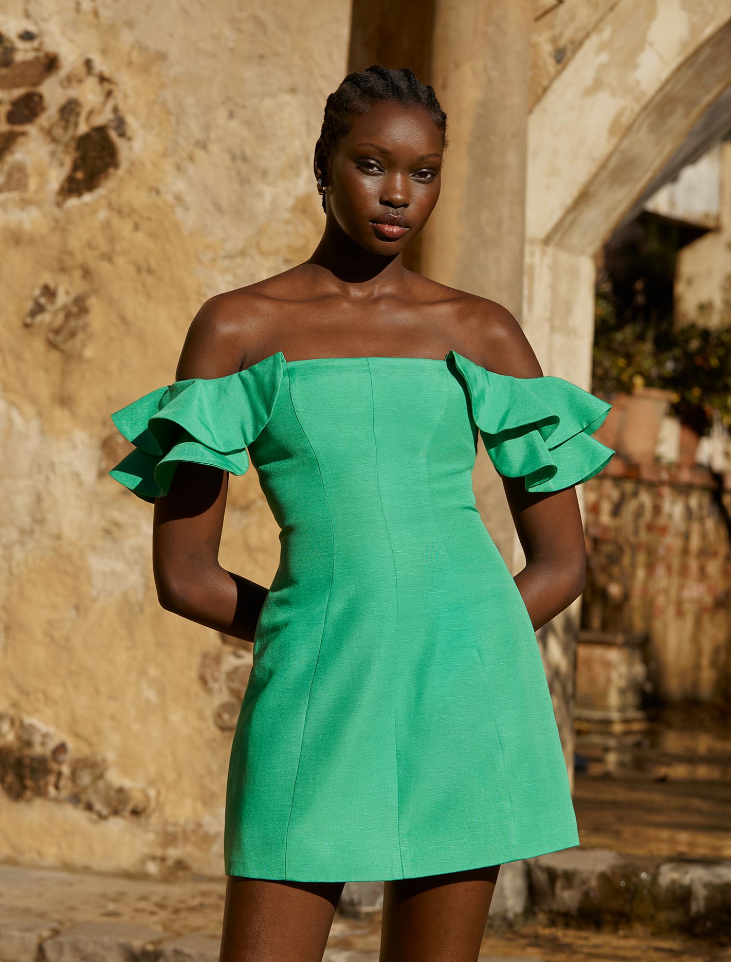 Kenzie Off Shoulder Ruffle Mini Dress Holly Green Forever New