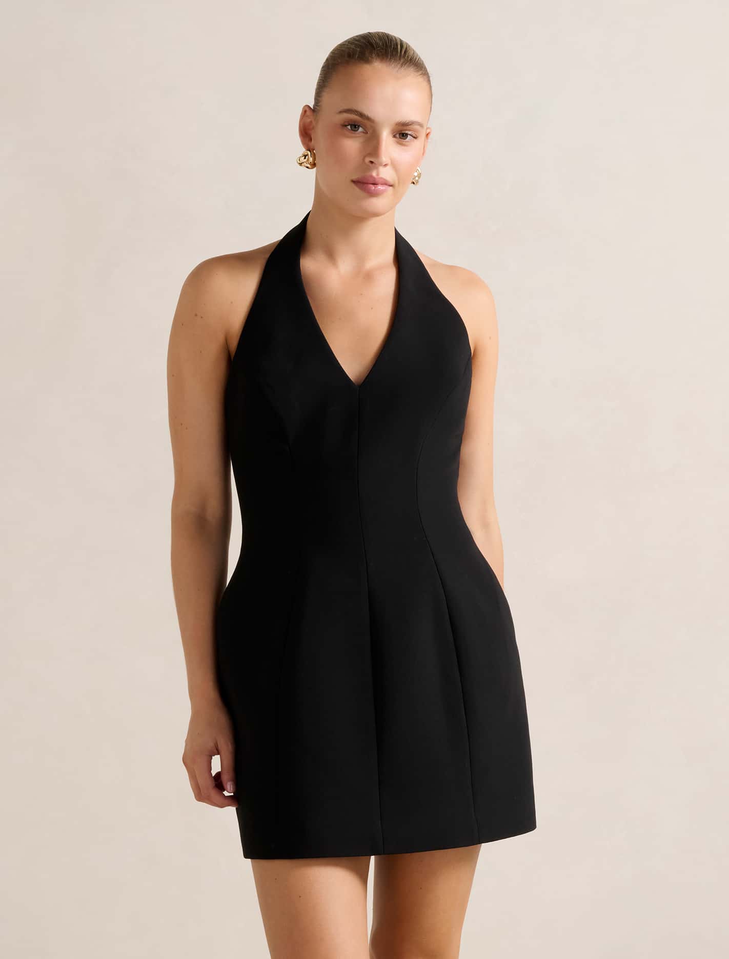 Riley Structured Halter Mini Dress Black Forever New