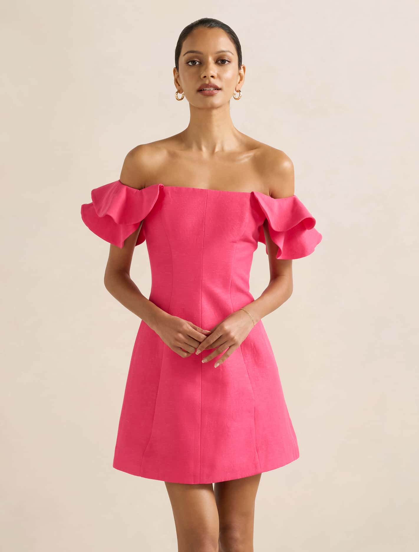 Kenzie Petite Off Shoulder Ruffle Mini Dress Raspberry Forever New