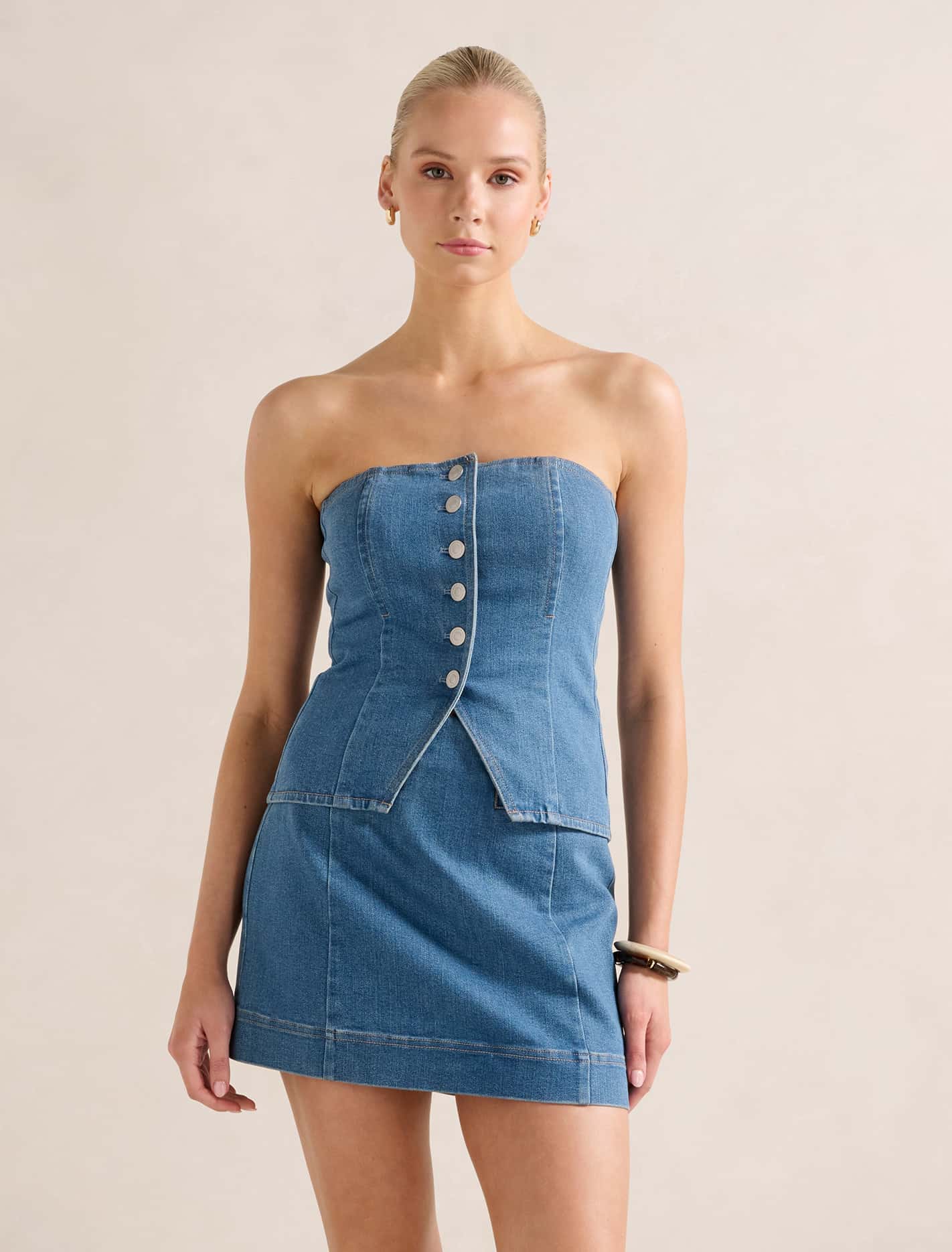 Clarissa Denim Bandeau Top Mid Wash Co-ord | Forever New