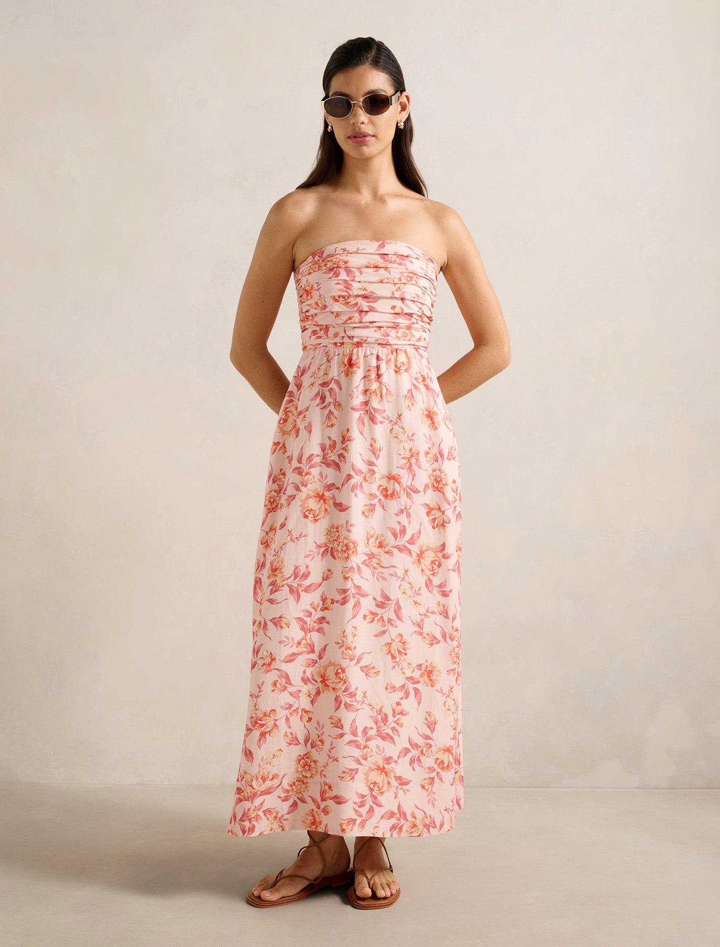 Matisse Ruched Strapless Linen Midi Dress Dusted Montebello Forever New