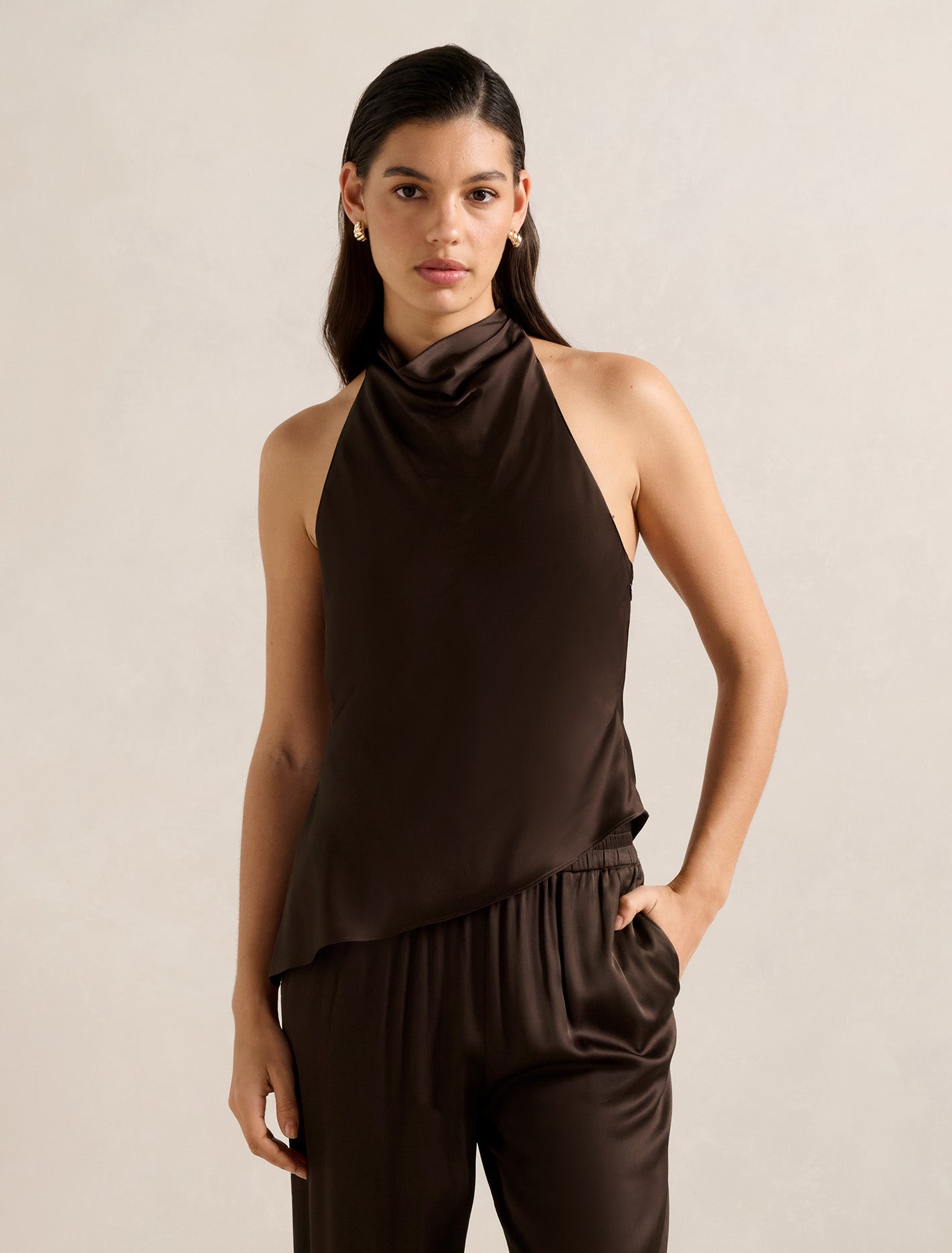 Skyler Halter Satin Top Chocolate Co-ord | Forever New