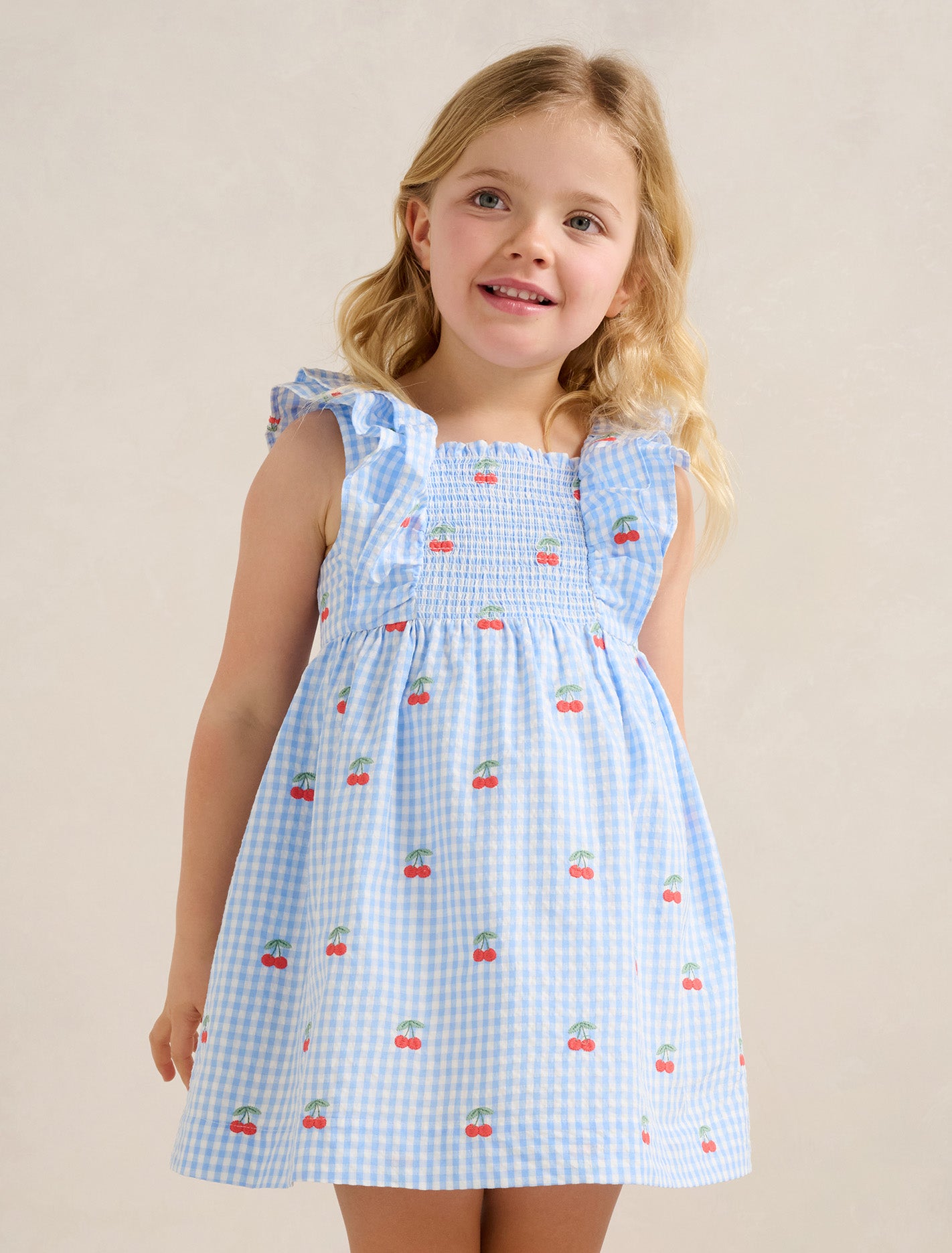 Brianna Girls Shirred Emb Dress Cherry Check Forever New