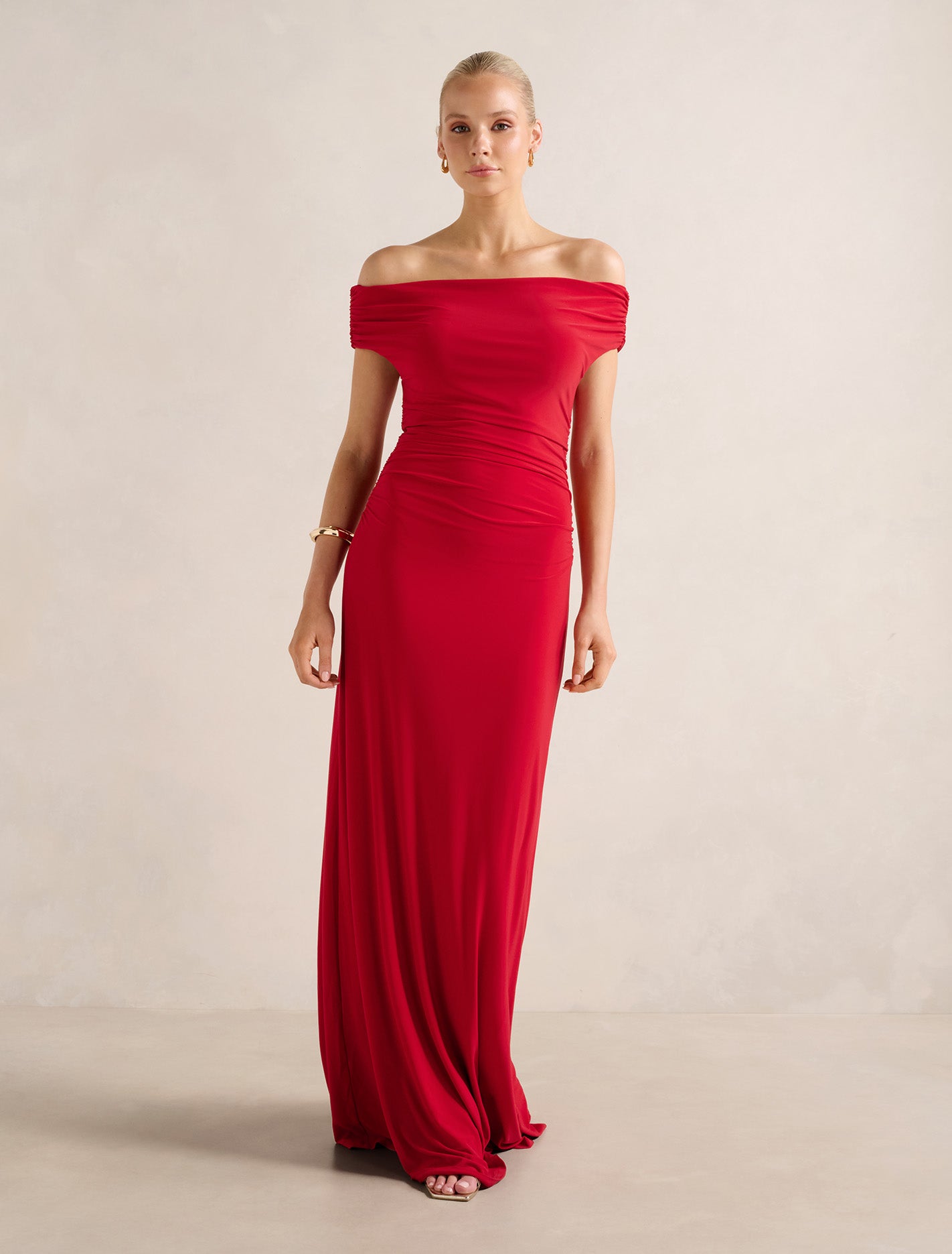 chinese dress ladies Romy Off Shoulder Jersey Maxi Dress Equestrian Red
