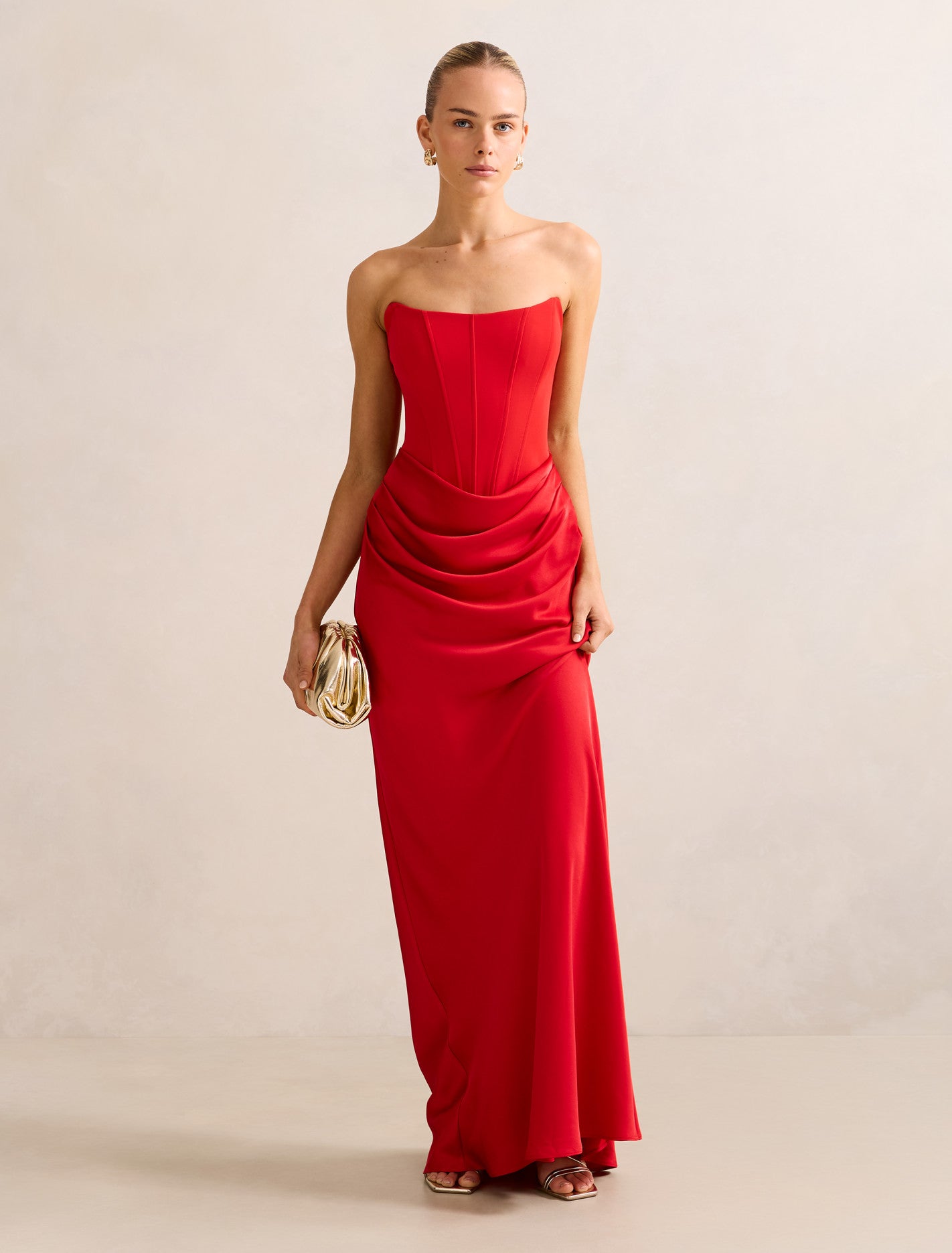 chinese dress ladies Isra Drape Strapless Maxi Dress Red