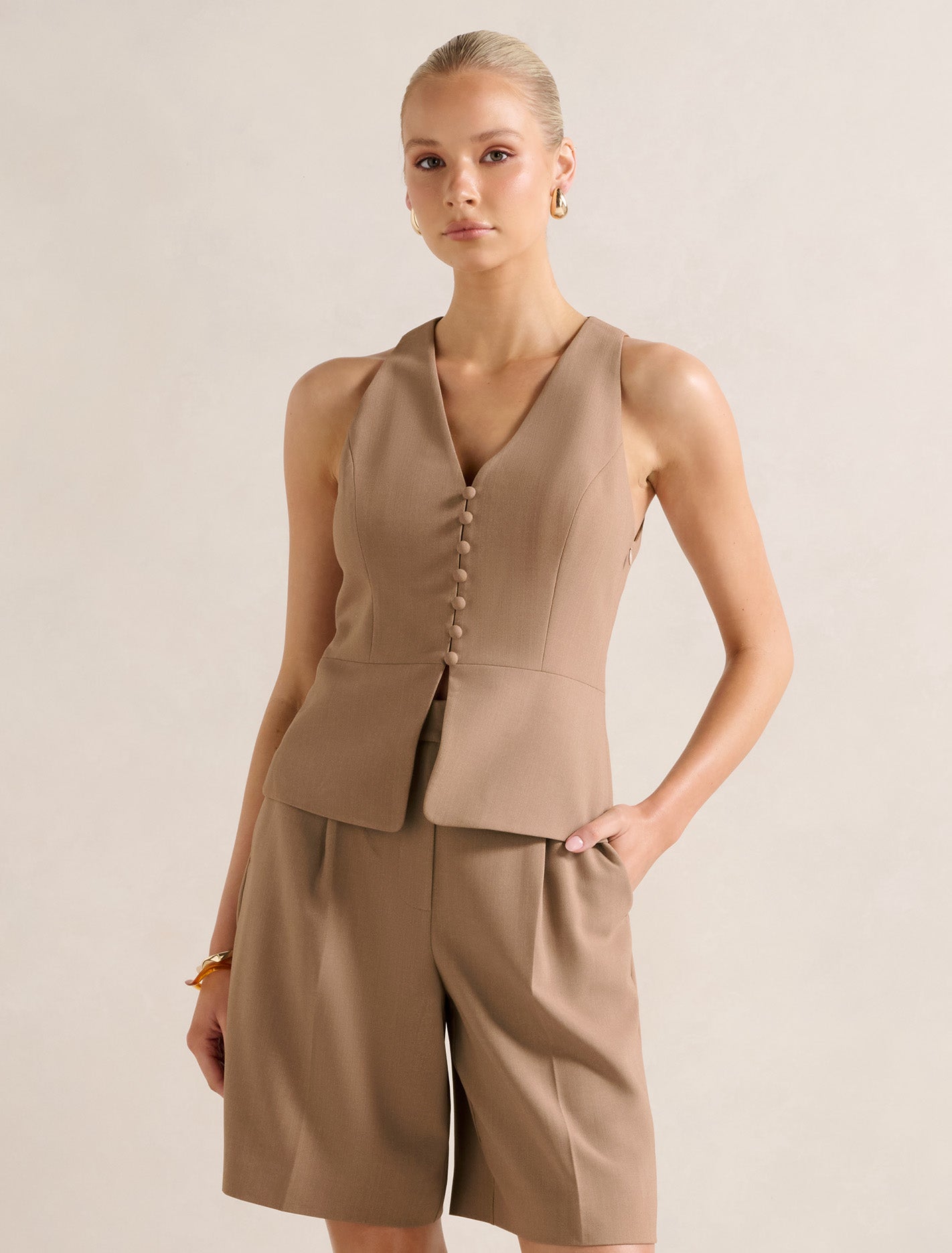 Honey V Neck Waistcoat Mocha Suit Forever New