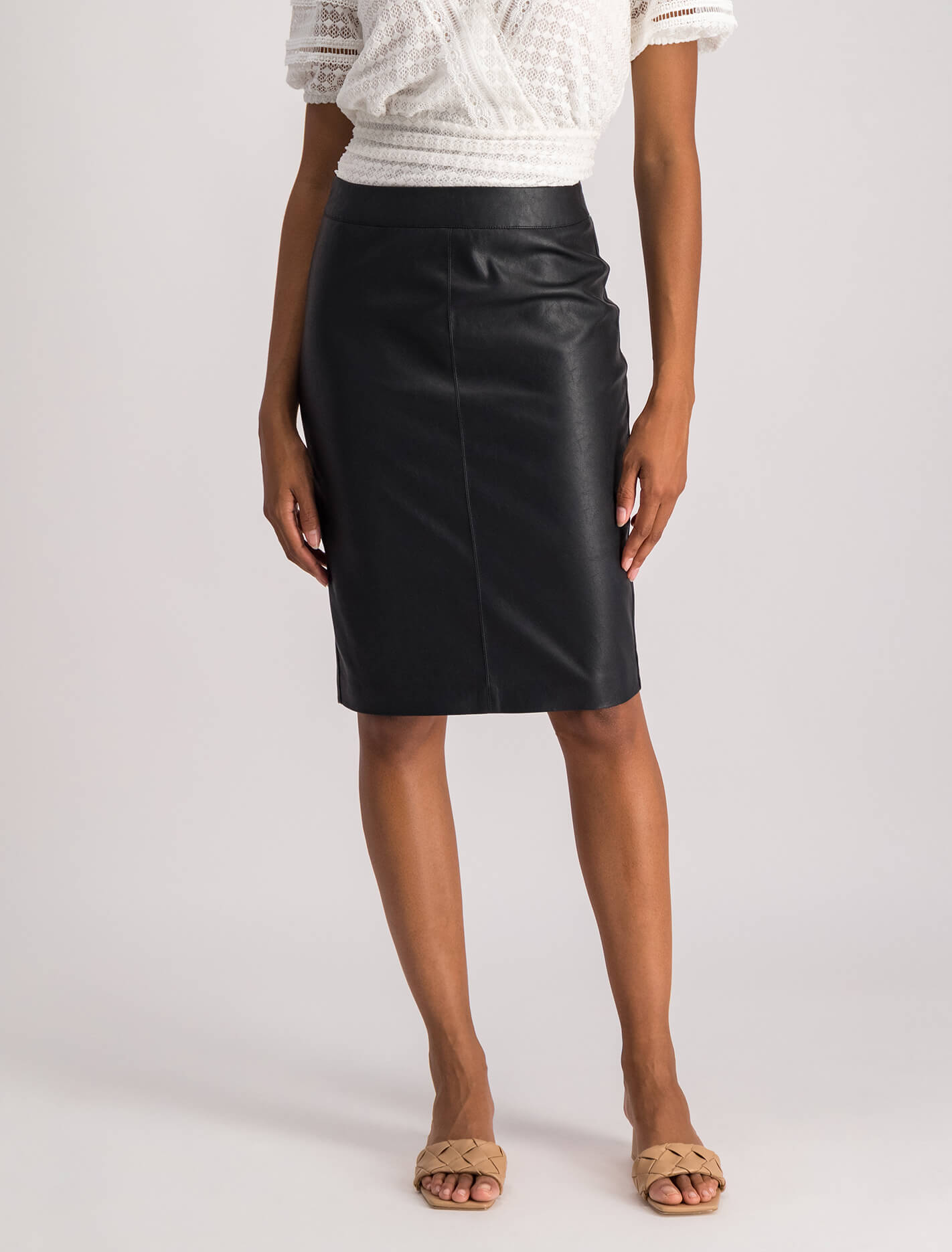 Black Leather-Look Coated Split Hem Midi Skirt