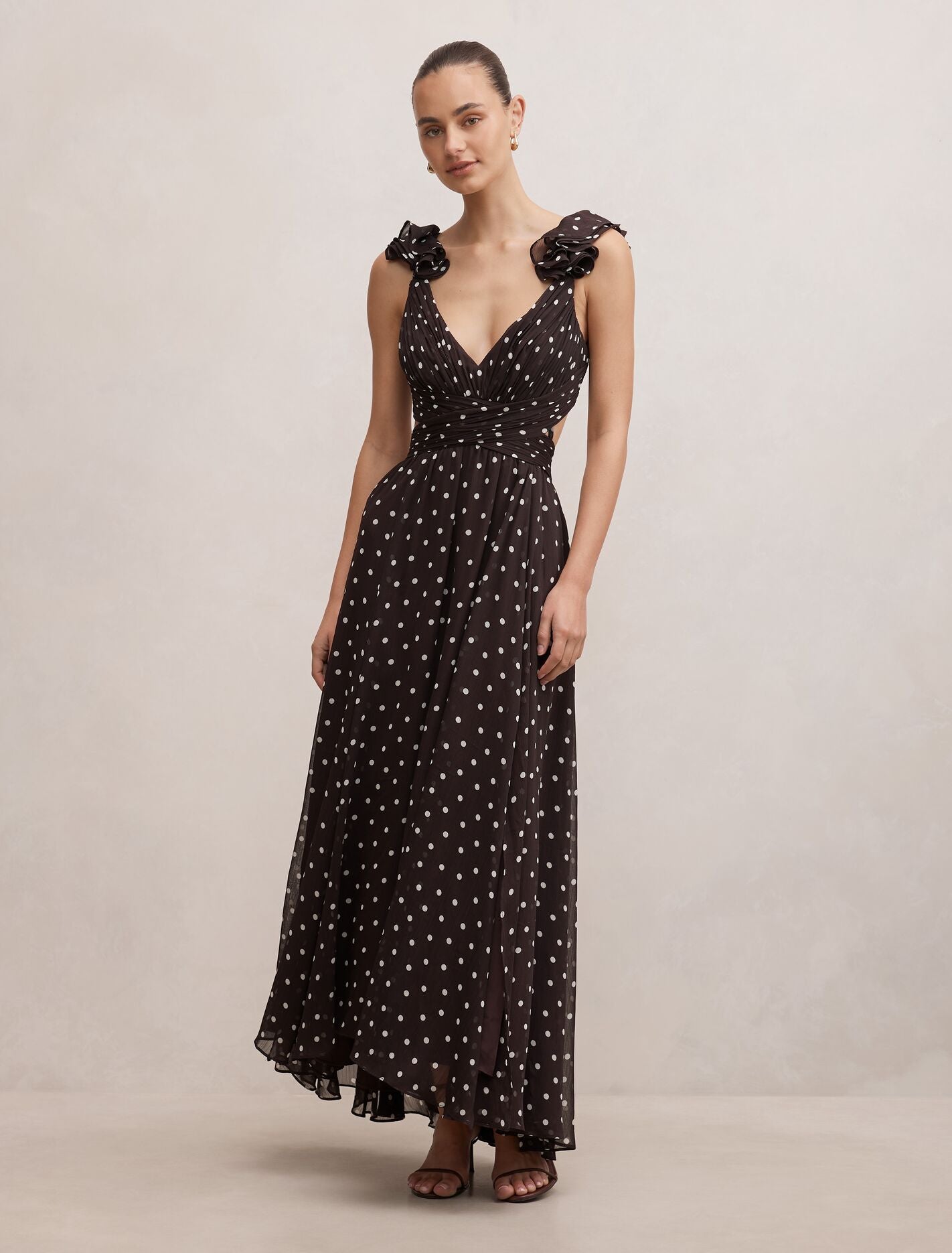 Selena Ruffle Shoulder Maxi Dress Brown Vale Spot Forever New