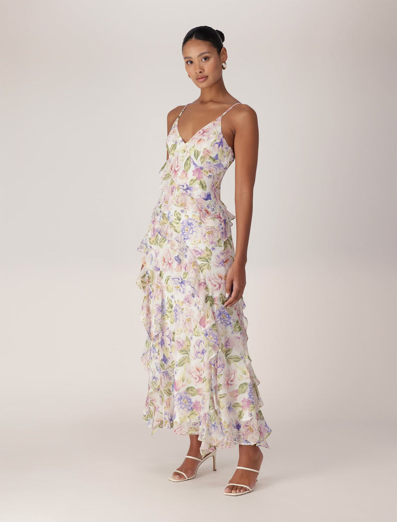 Poppy Asymm Ruffle Dress Lilac Colvin Floral | Forever New