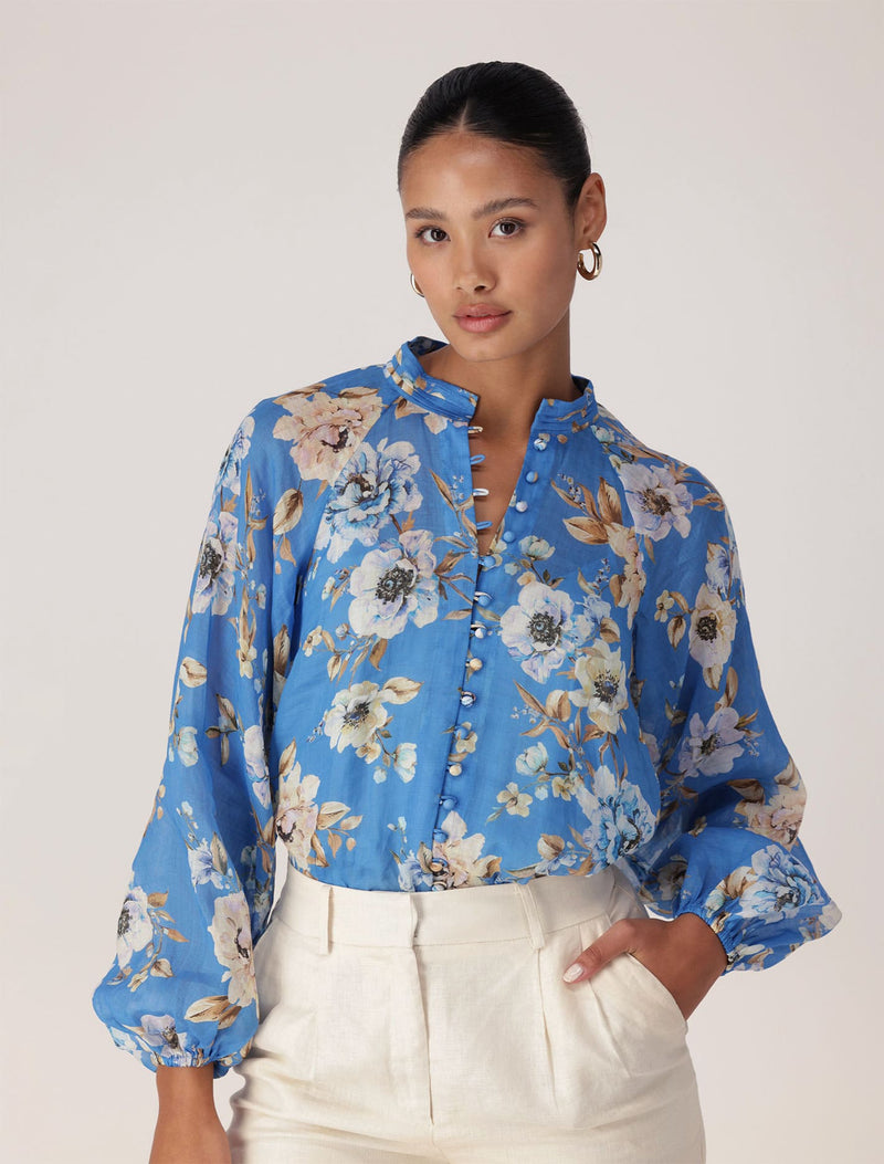 Celeste Raglan Blouse Blue Petra Floral | Forever New