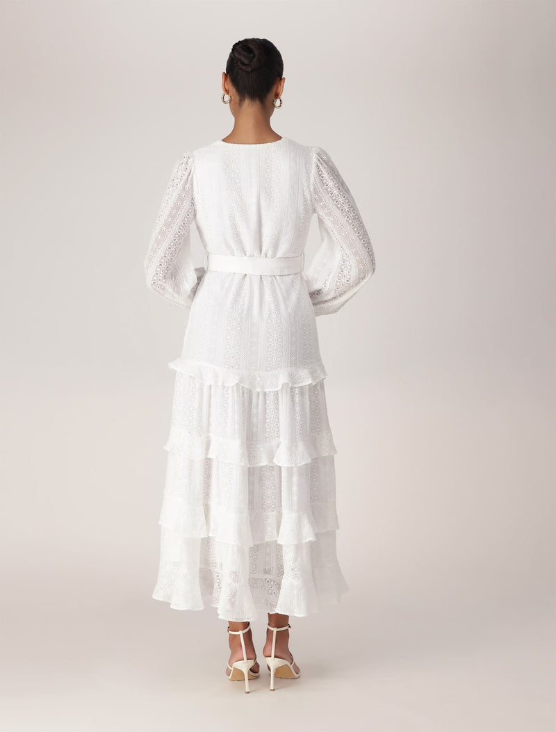 Hudson Embroidered Ruffle Midi Dress Ivory Forever New