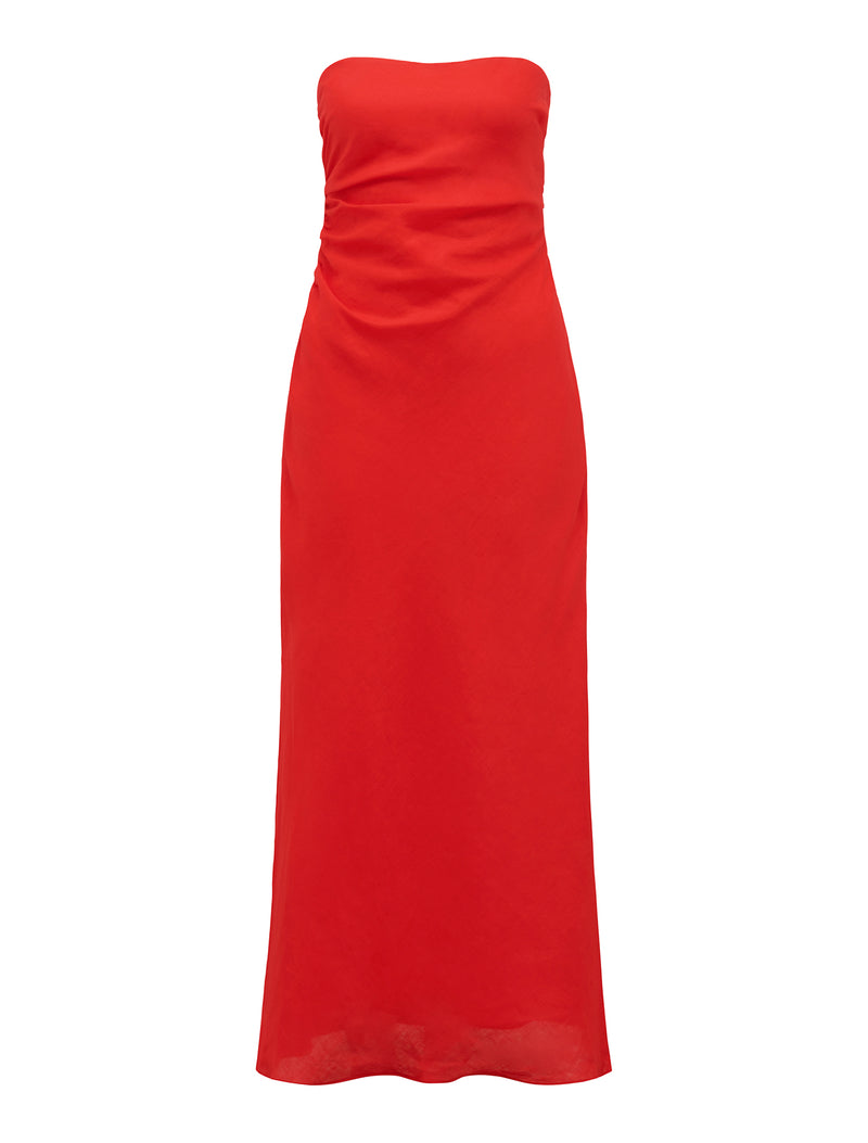 Stephanie Linen Strapless Midi Dress Cherry Tomato | Forever New