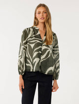 Adaline Ramie Blouse Olive Drew Abstract Forever New