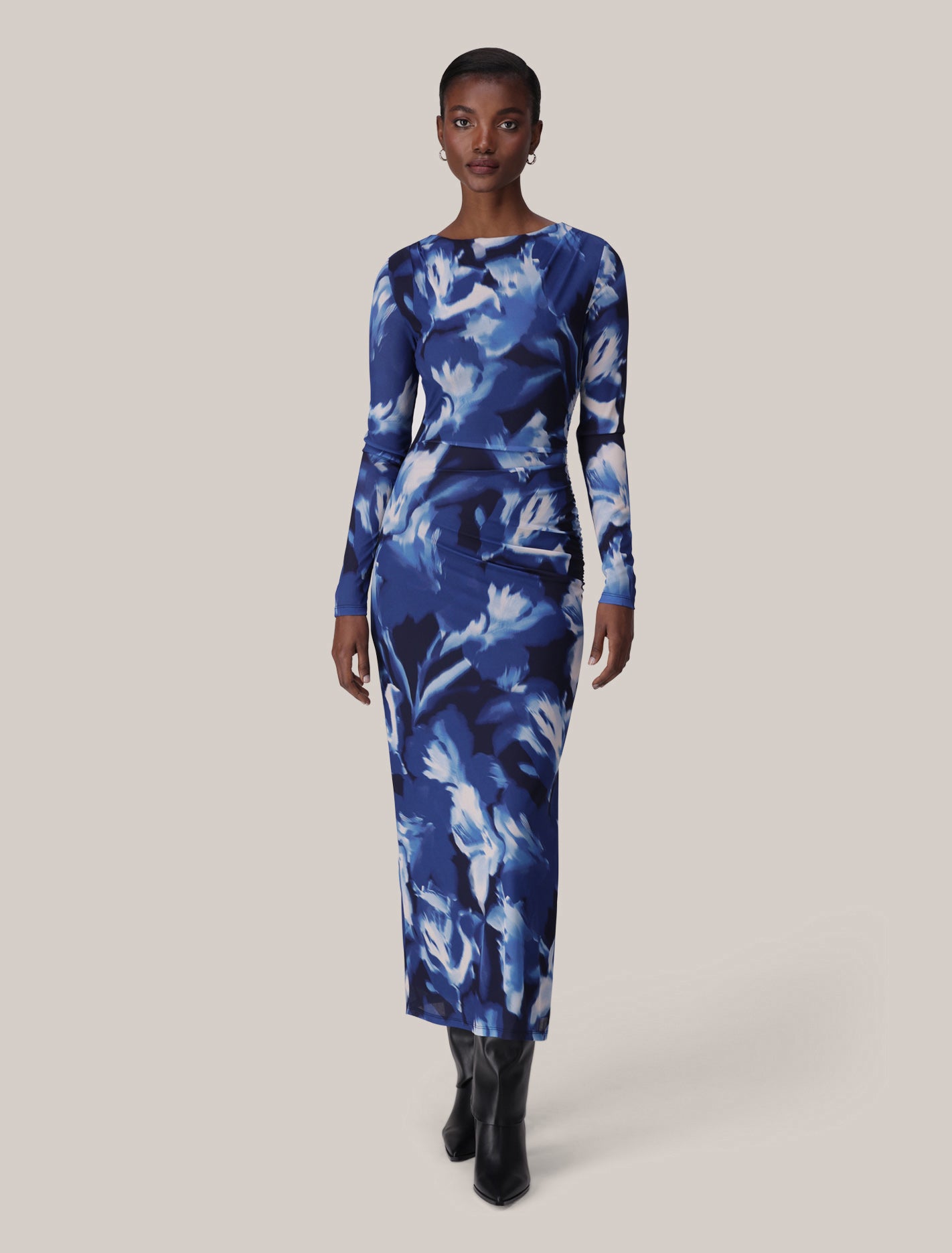 Alannah Mesh Long Sleeve Midi Dress Blue Odella Floral Forever New