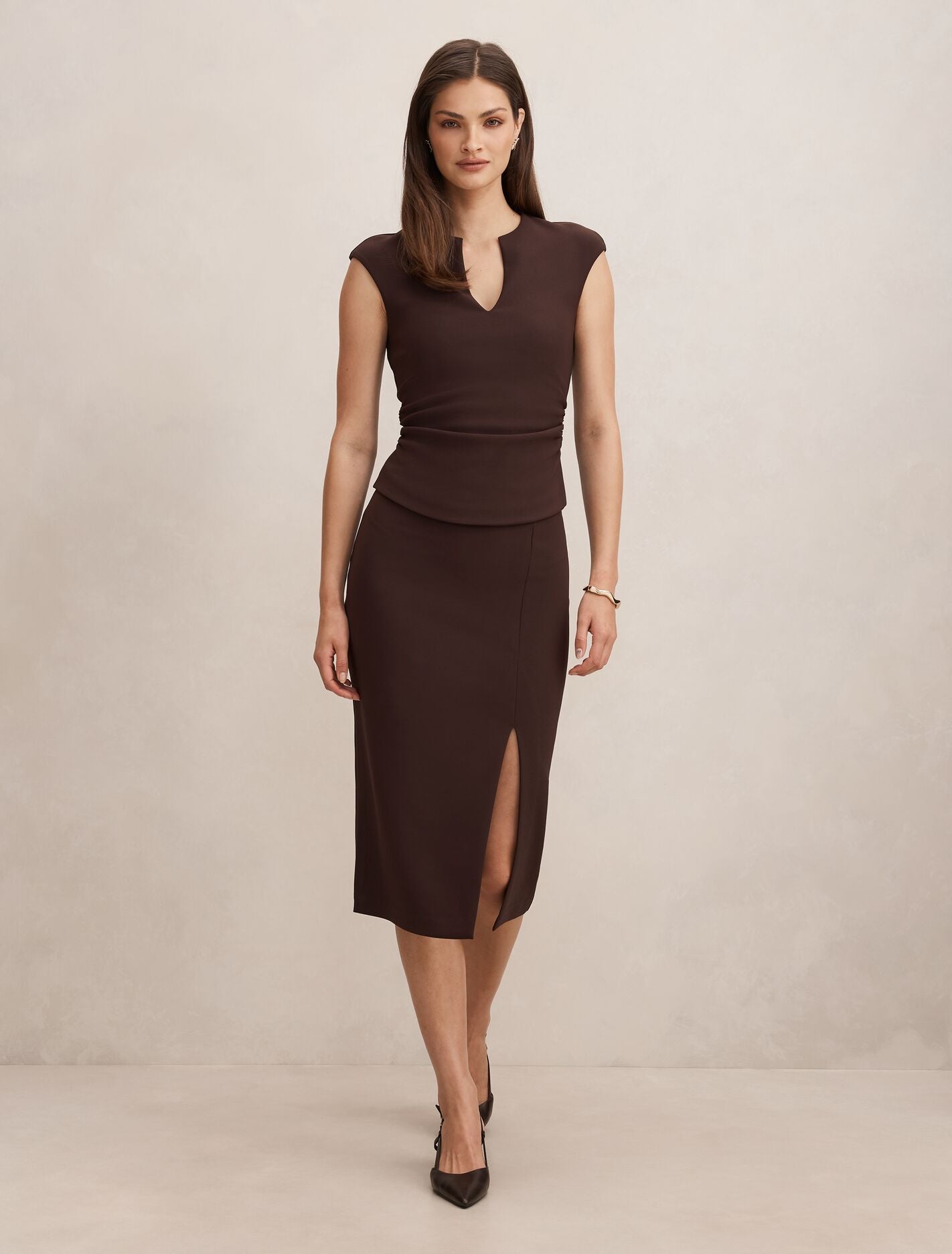 Lacey Crepe Split Midi Skirt Chocolate Set | Forever New
