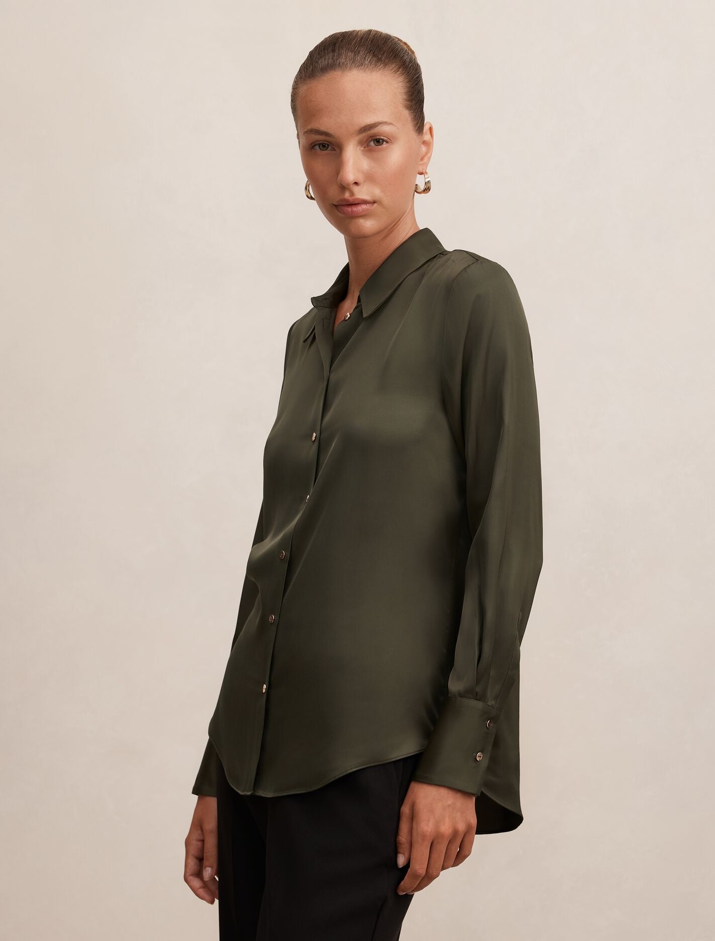 Coco Satin Shirt Deep Khaki | Forever New