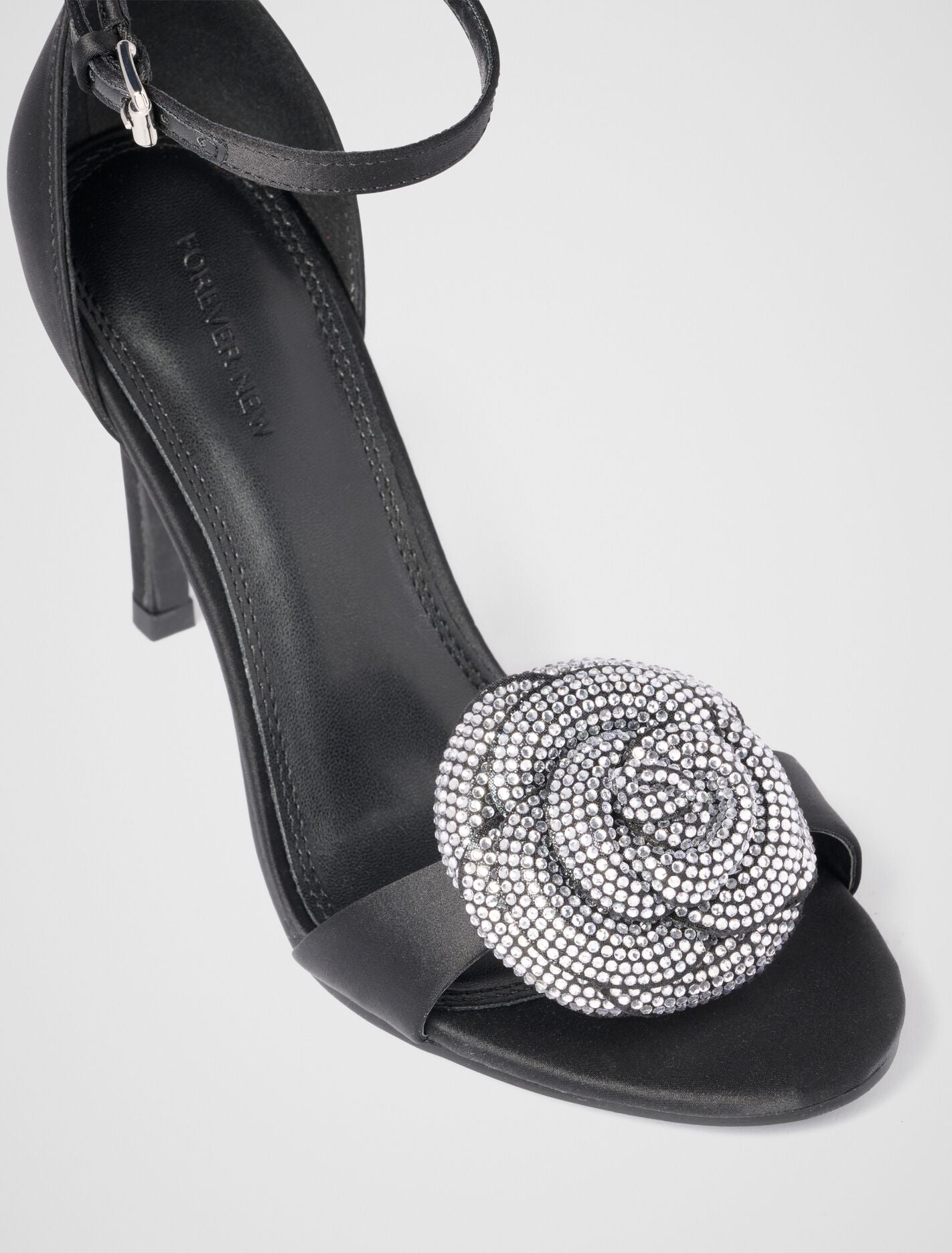 Joanna Jewelled Flower Sandal Heel Black | Forever New