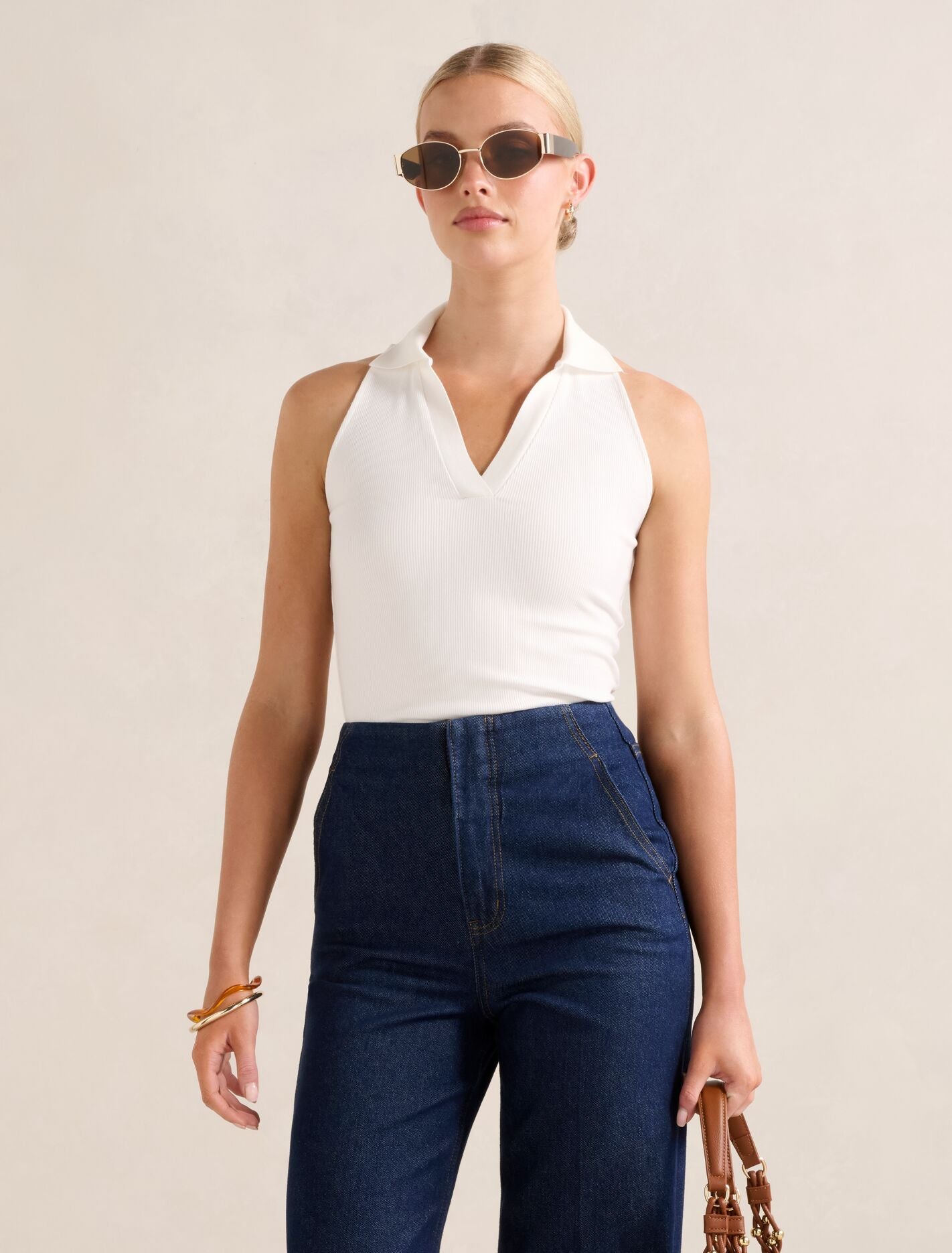 Clover Collared Halter Top Porcelain Forever New
