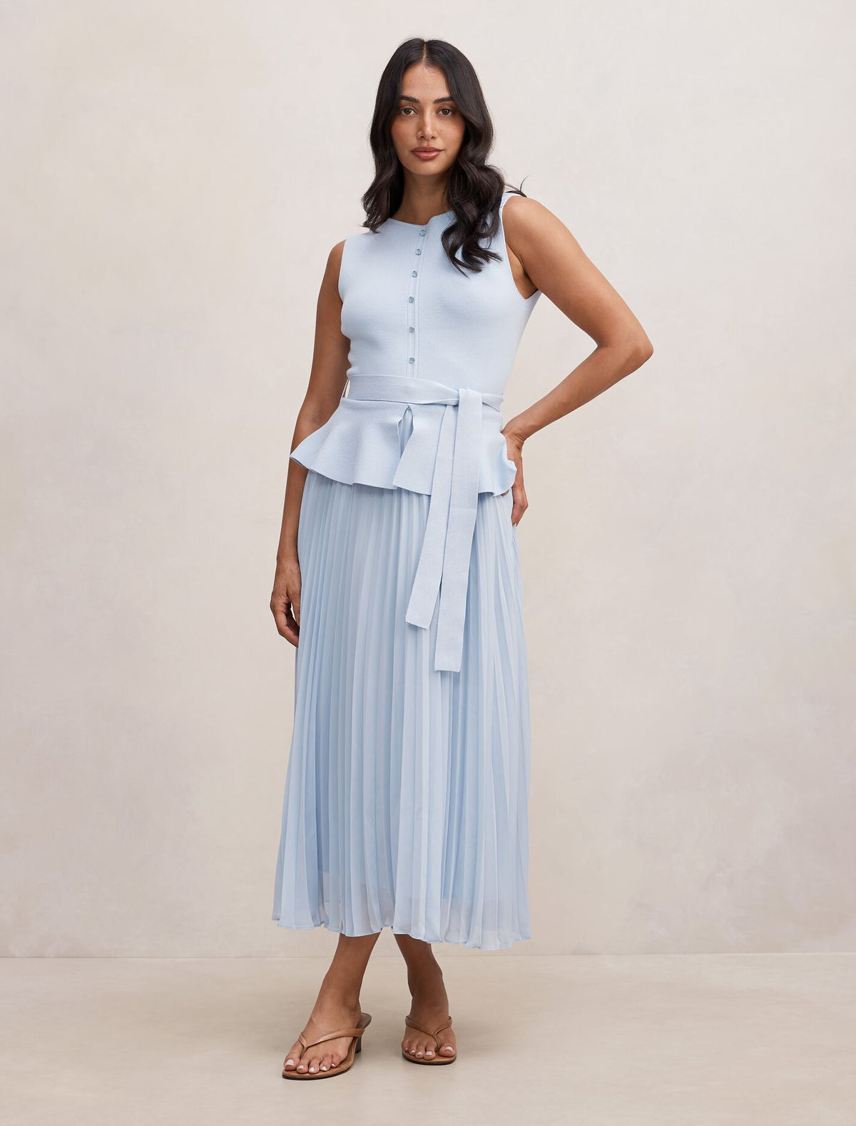 Luella Pleat Mixed Midi Dress Soft Blue Forever New
